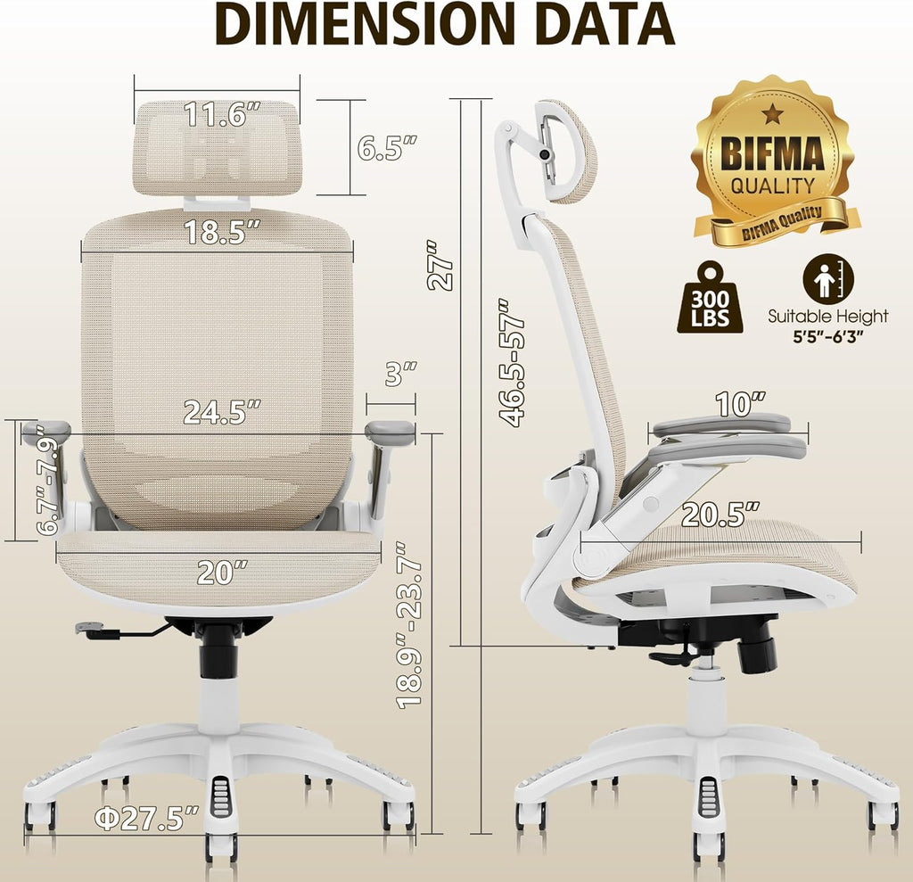 GABRYLLY Ergonomic Office Chair, High Back Home Desk Chair with Headrest, Flip-Up Arms, 90-120° Tilt Lock and Wide Cushion, 300LBS Mesh Chairs for Man Woman, White Task Chair(Beige,GY01WBG)