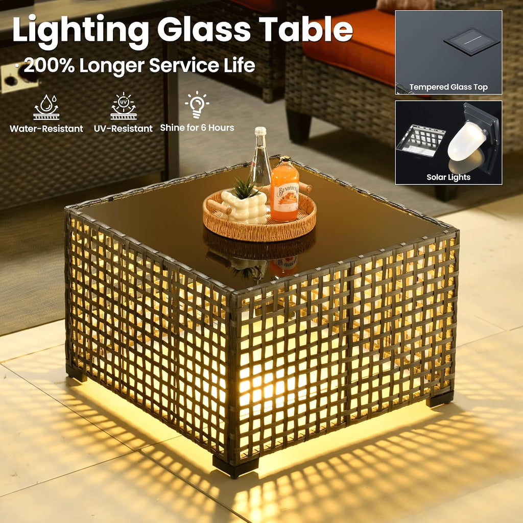 ovios 7 Pieces Patio Furniture Set with 42' Fire Pit Table, Outdoor Sofa Couch with Solar Lights Table Comfy Cushions, Modern Deep Seat Wicker Rattan Conversation Set, Orange Red