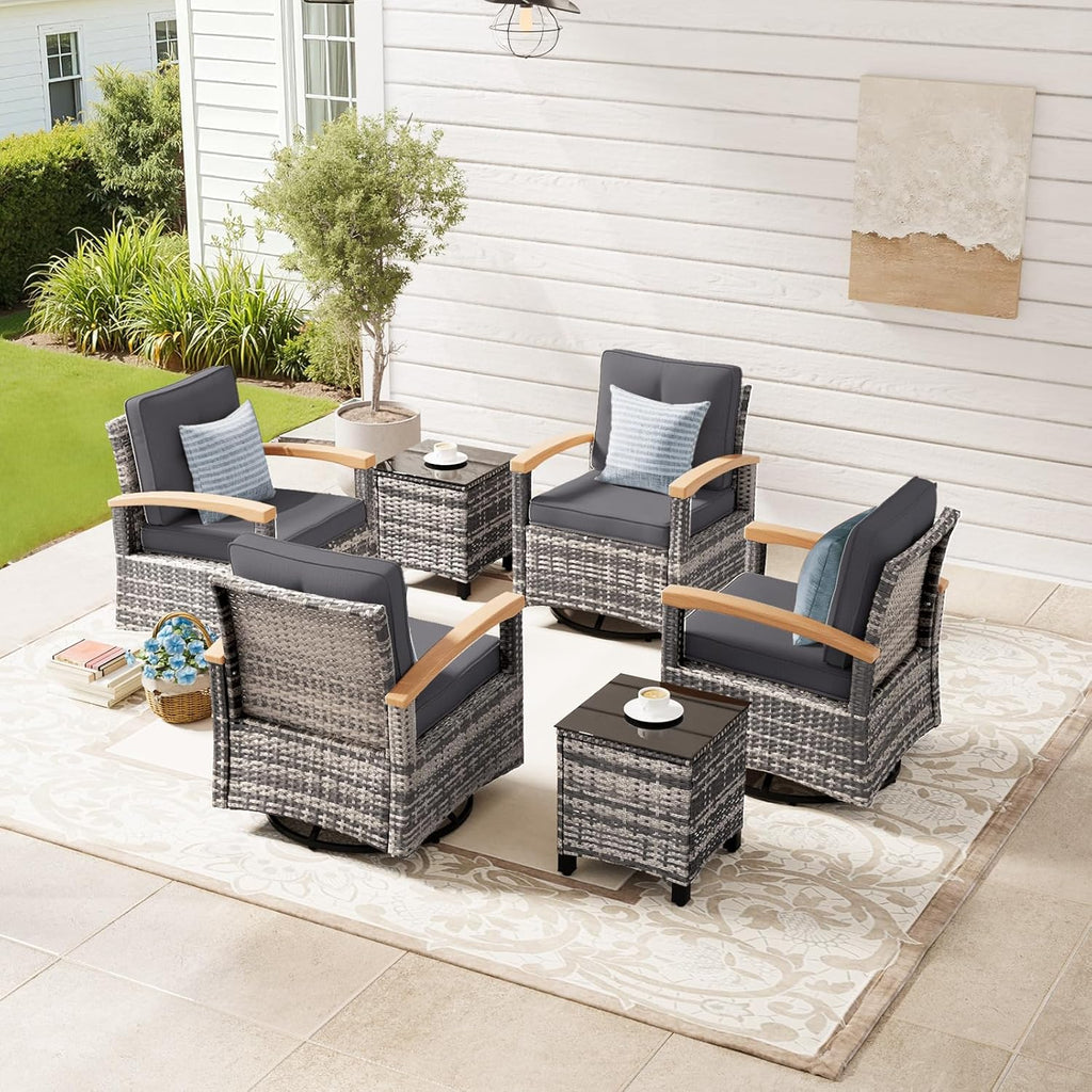 MEISSALIVVE 6 Pieces Patio Furniture Sets, Wicker Patio Conversation Sets with 4 Wood Armrests Swivel Glide Chairs，Outdoor Conversation Set for Deck Yard and Poolside (Grey)