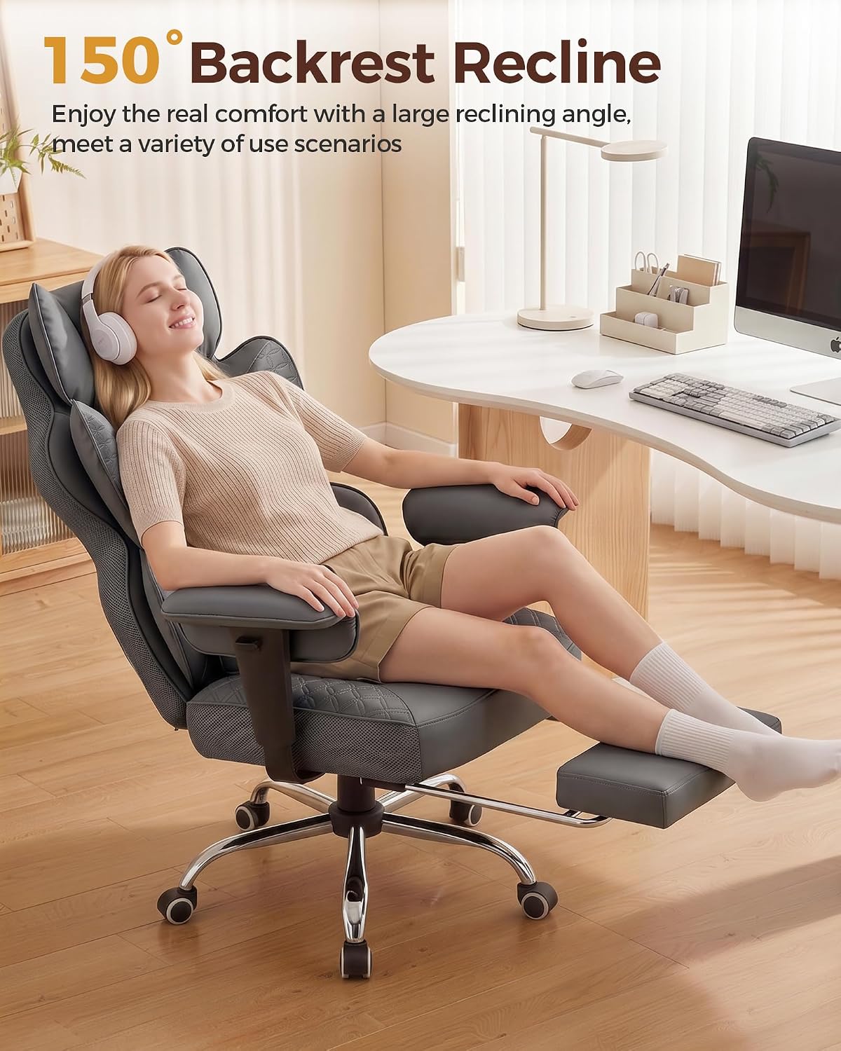 COMHOMA Big and Tall Office Chair Heavy Duty Gaming Chair with Deluxe Embossing Leather High Back Wider Ergonomic Computer Chair with Foot Rest 150°Reclining Pocket Spring Lumbar Support