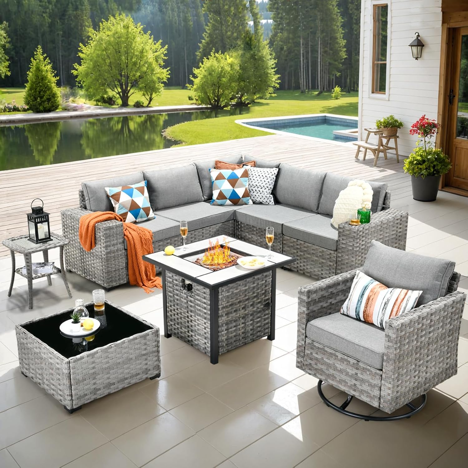 ovios 9 Pieces Patio Furniture Set, Outdoor Wicker Sectional Sofa with 30' Fire Pit Table Swivel Chair, Modern Modular Deep Seat Rattan Couch Conversation Sets, Dark Grey