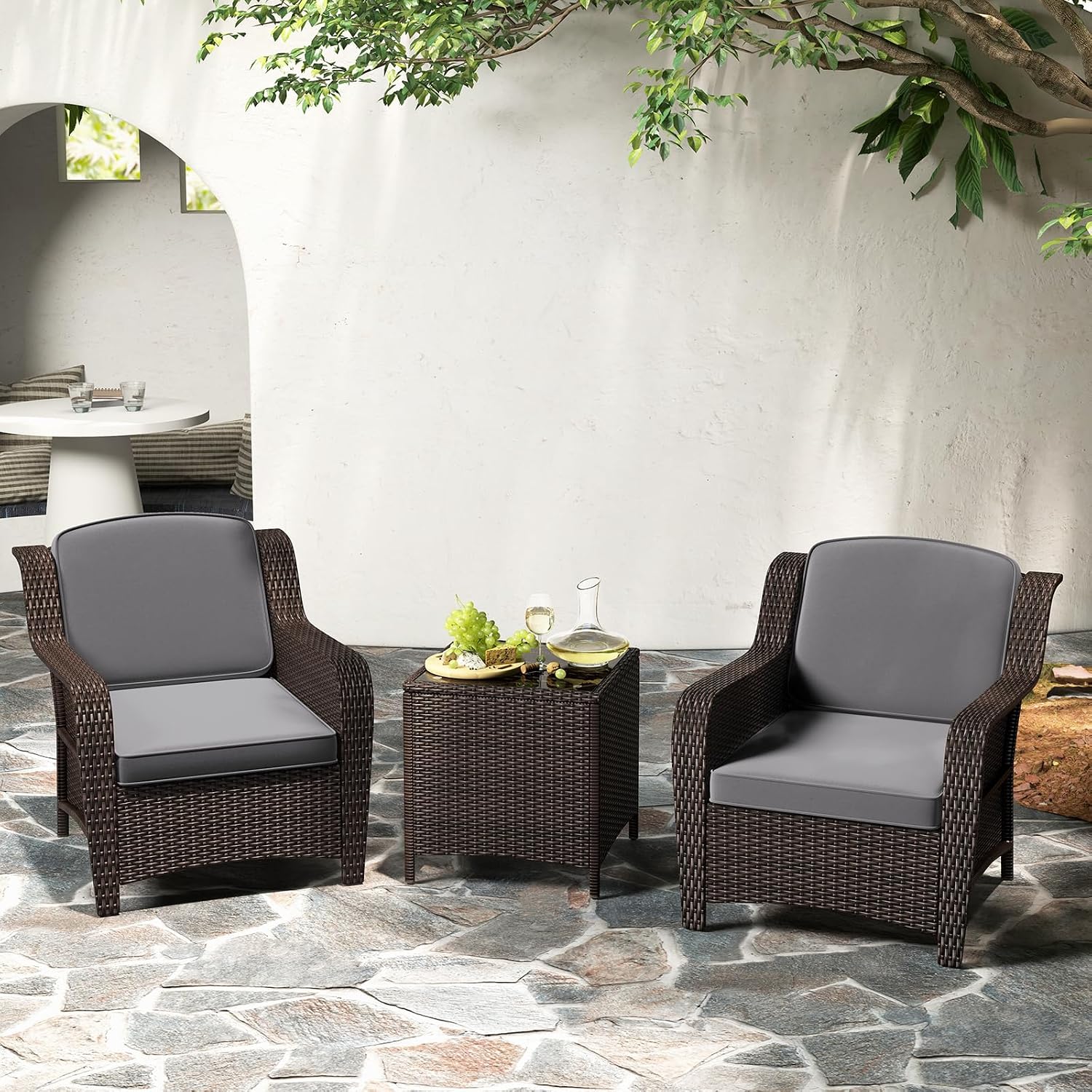Tangkula 3 Pieces Outdoor Patio Furniture Set, Patiojoy PE Rattan Wicker Chairs with Cushions and Tempered Glass Coffee Table, Outdoor Wicker Conversation Bistro Set for Porch, Balcony, Garden (Gray)
