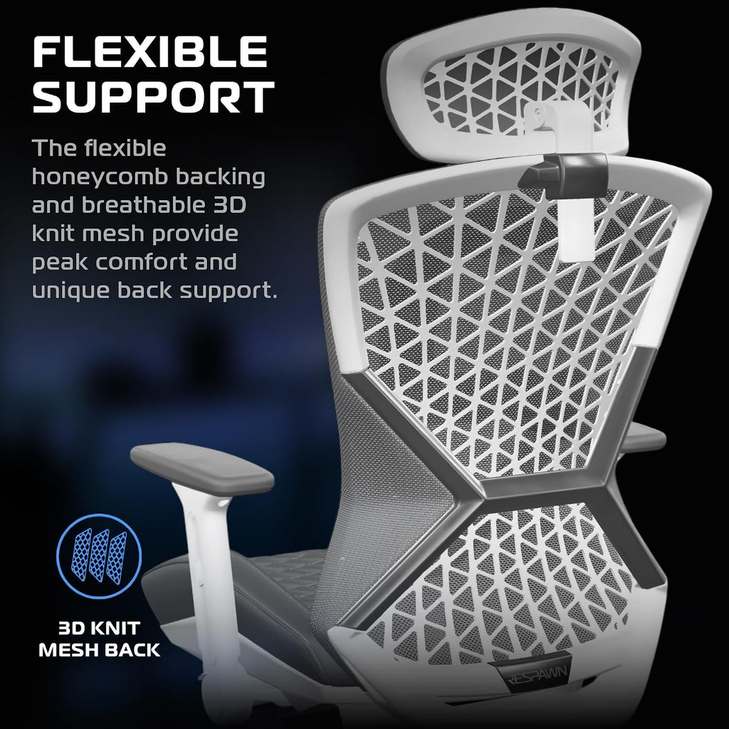 RESPAWN SPIRE Ergonomic Office Chair with Lumbar Support, Headrest, Adjustable Arms and Cooling Gel Seat Cushion, Comfy Breathable Mesh Seat for Home Office, High Back Reclining Gaming Chair - White