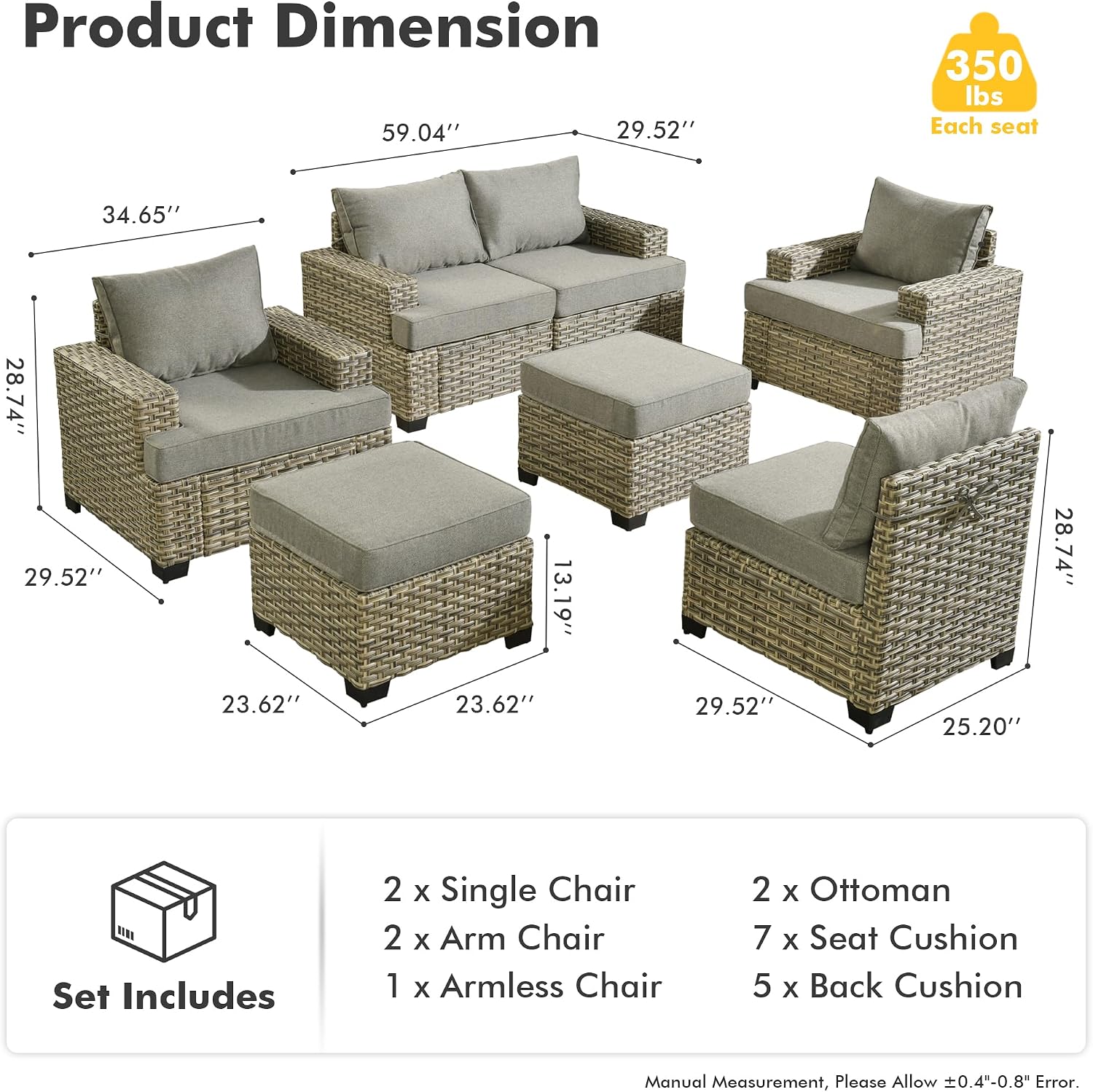 HOOOWOOO Outdoor Sectional Patio Furniture Set,7 Pieces Wicker Conversation Sets,Extra Deep Out Door Sofa Outside Furniture Couch with Ottoman,Charcoal Gray