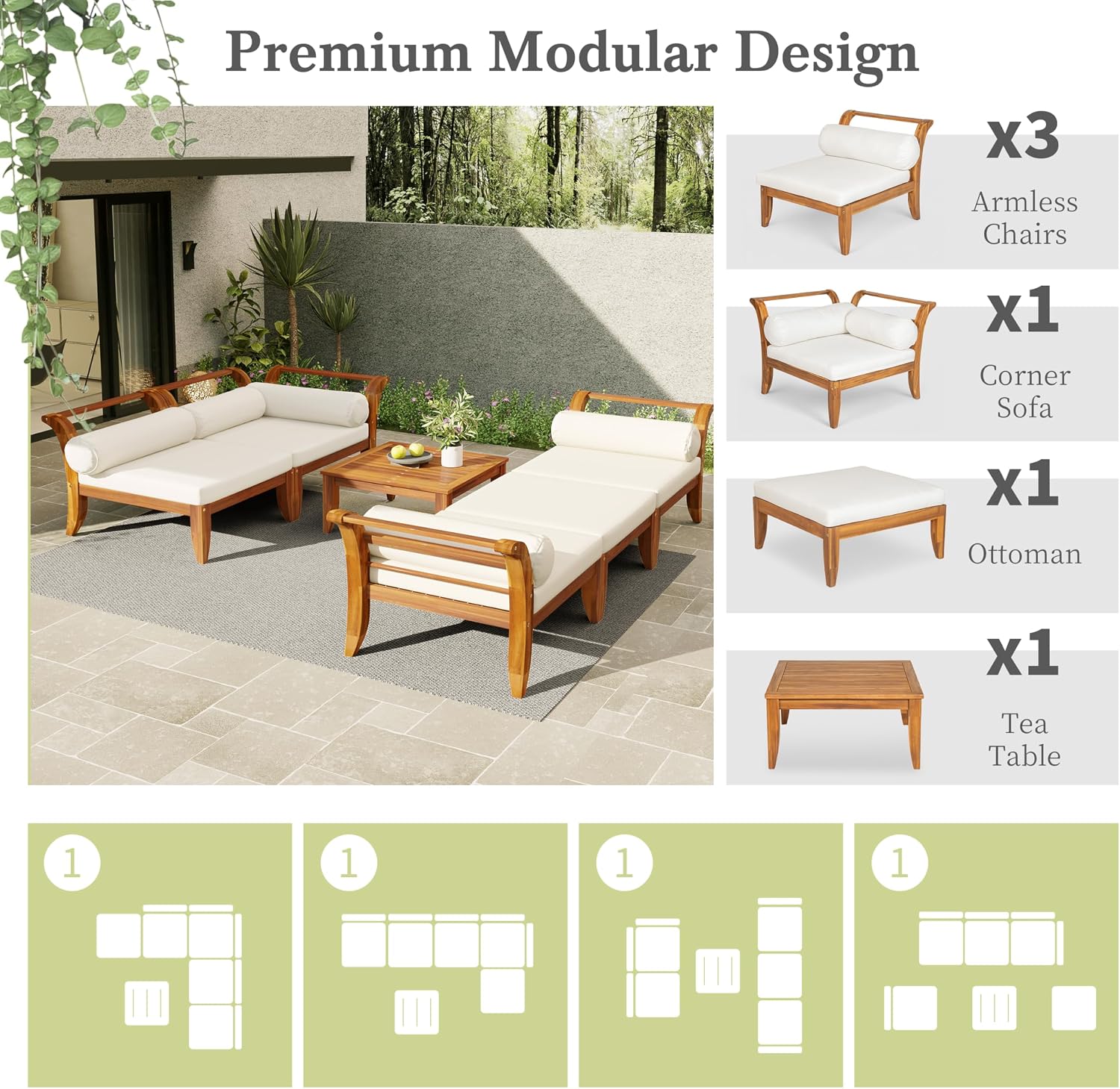 Merax 6 Pieces Patio Furniture Set, Outdoor L-Shaped Sectional Sofa Set with Coffee Table, Acacia Wood Conversation Seating & Cushions and Lumbar Pillows, for Garden, Poolside and Backyard, Teak+Beige