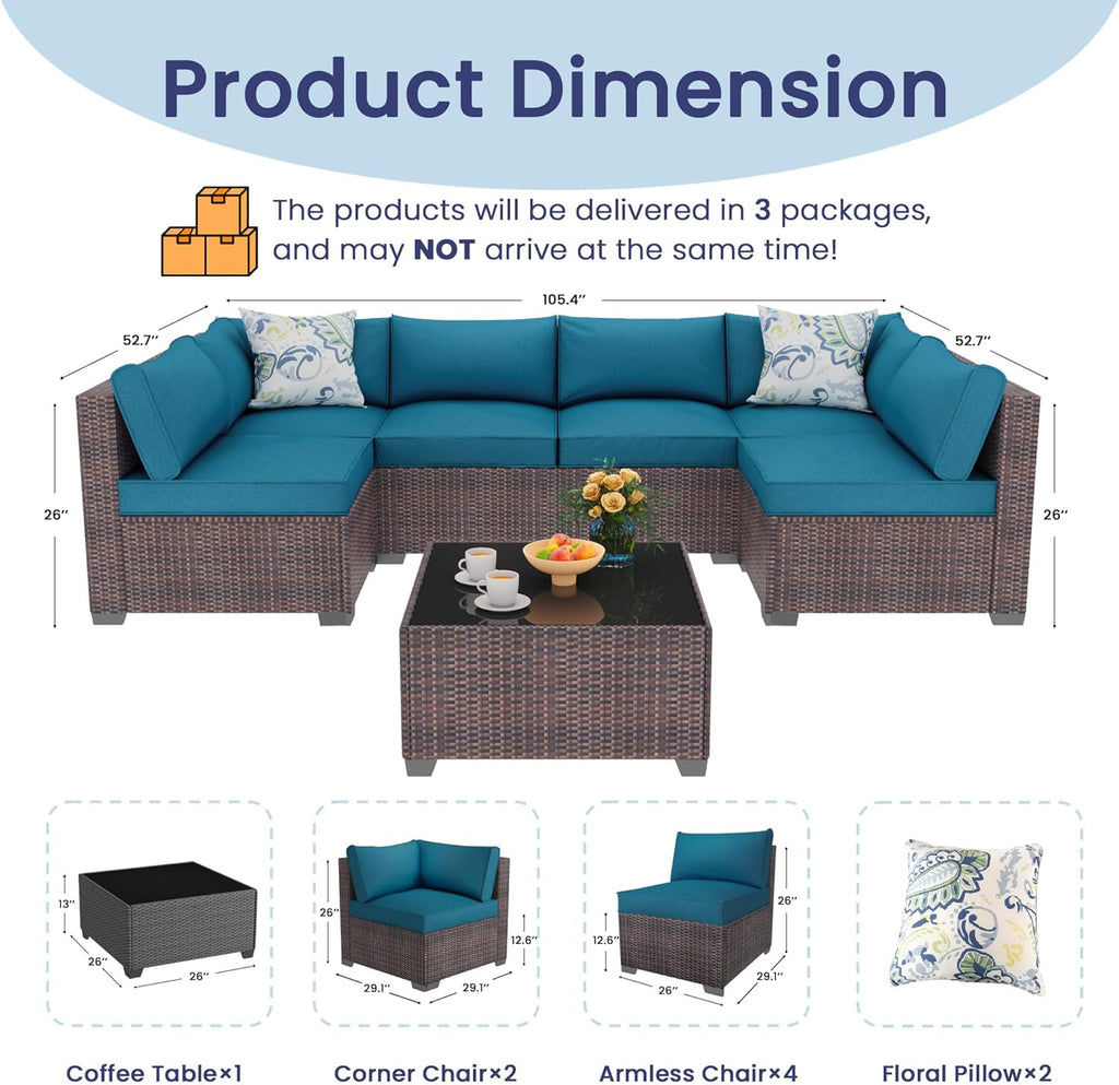 olimix 8 Piece Outdoor Patio Furniture Set, Outdoor Sectional Furniture, Rattan & Wicker Modern Modular Conversation Set Sofa Couch W/Water Resistant Washable Thick Cushions, Brown/Peacockblue