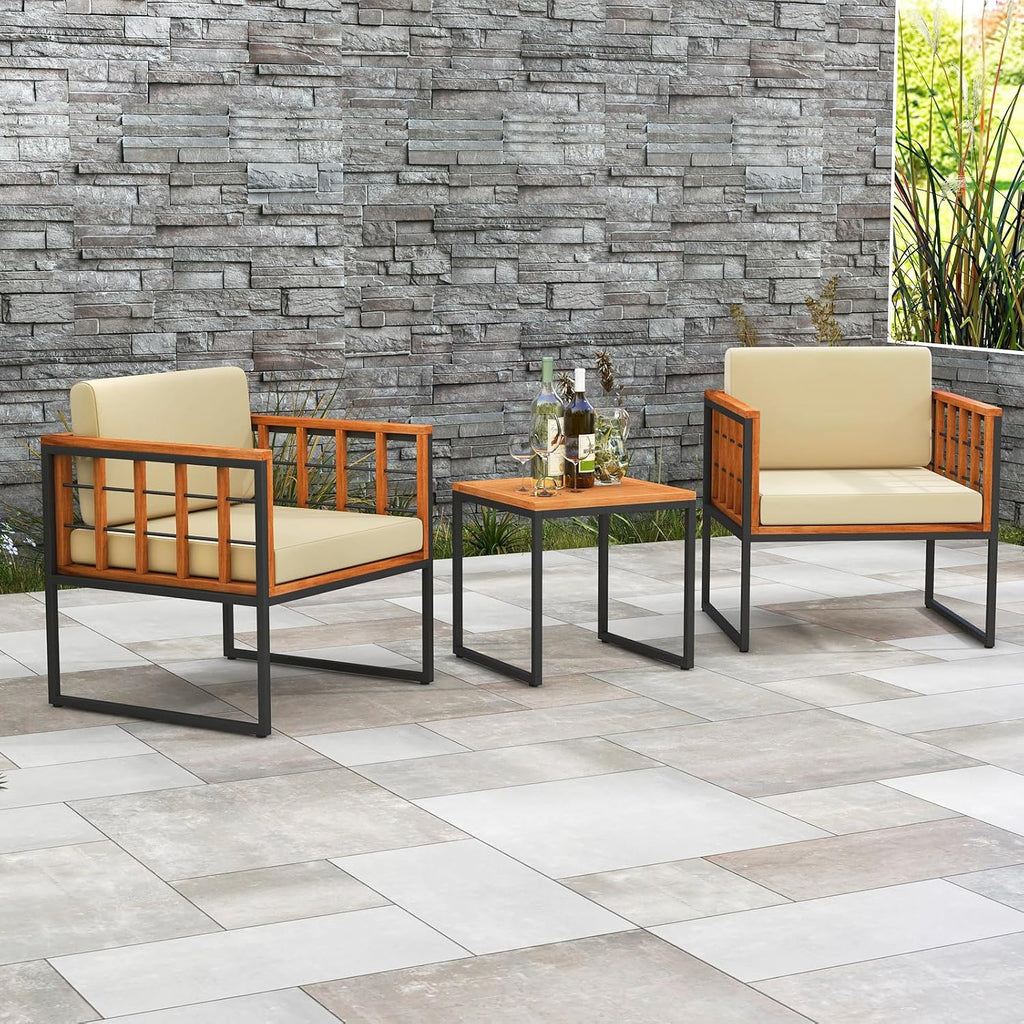 Tangkula 3 Pieces Patio Chair Set, Acacia Wood Outdoor Sofa Set with Metal Support, Soft Seat & Back Cushions Included, Cushioned Bistro Set for Balcony, Porch, Backyard (Beige)