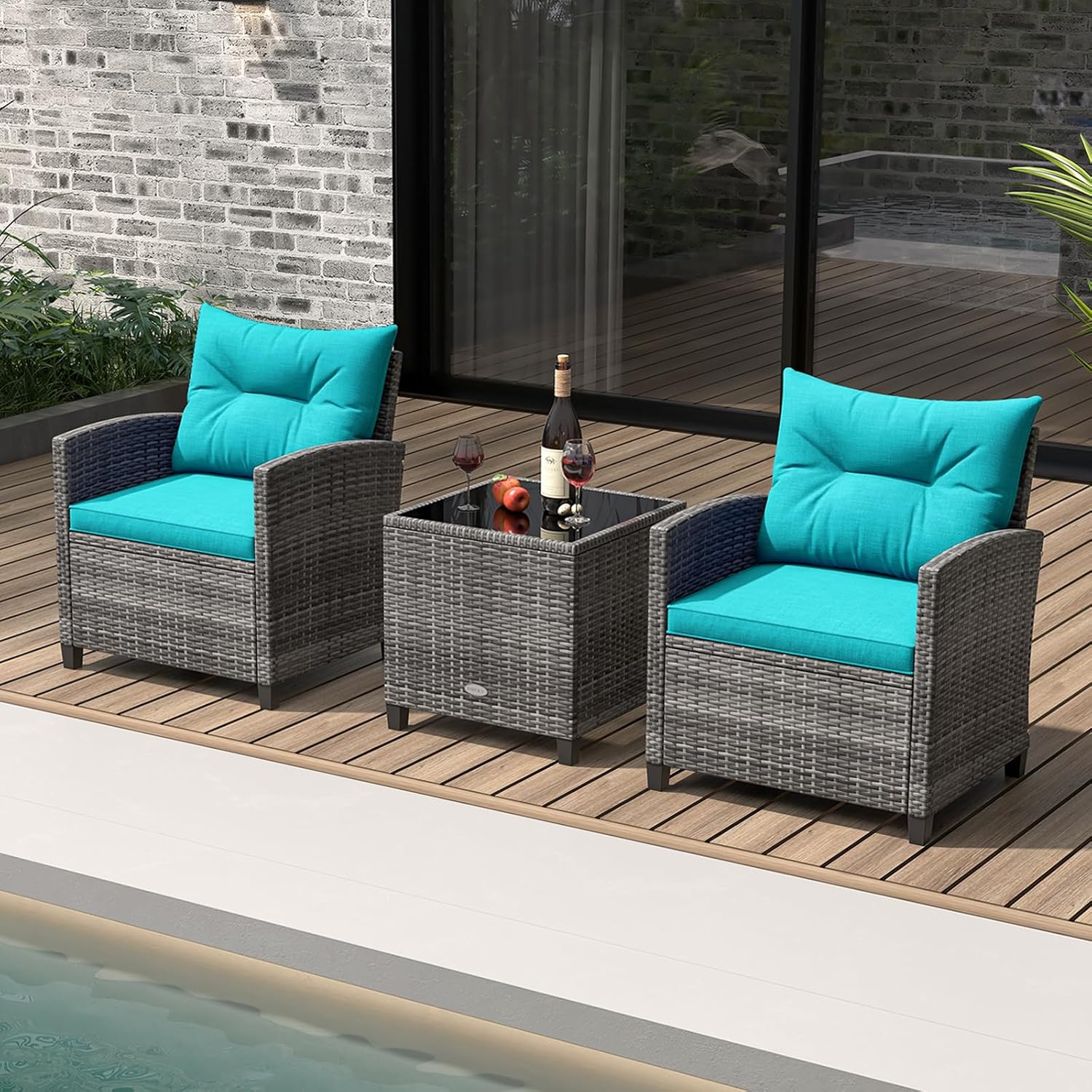 KOTEK 3 Piece Patio Furniture Set, Outdoor PE Rattan Conversation Set with Washable Cushions & Tempered Glass Tabletop, Wicker Chairs and Table Set for Porch, Garden, Balcony (Turquoise)