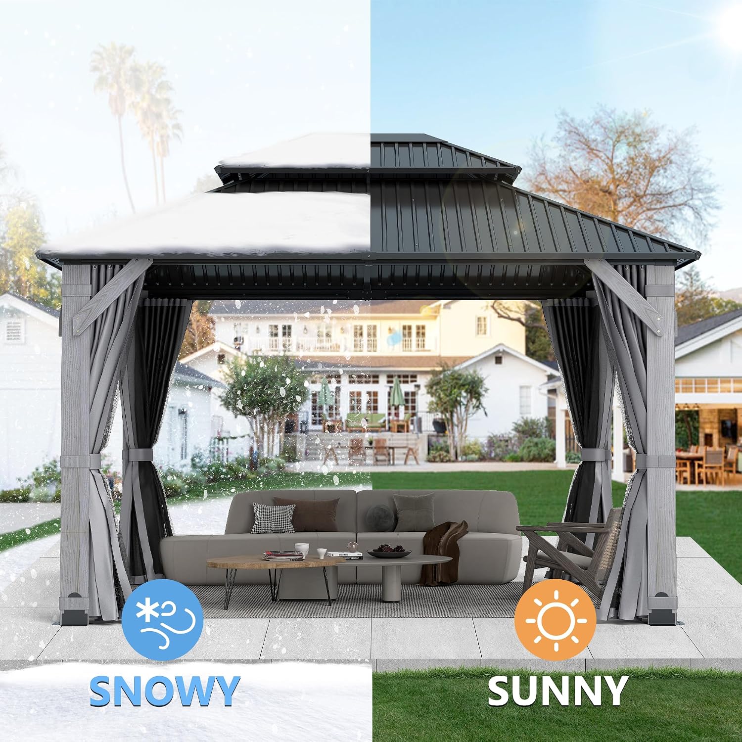 10'x12' Hardtop Wood Gazebo, Outdoor Double Roof Galvanized Steel Top Gazebo with Wooden Post, Curtains & Netting for Backyard, Patio, Deck (10x12 FT)