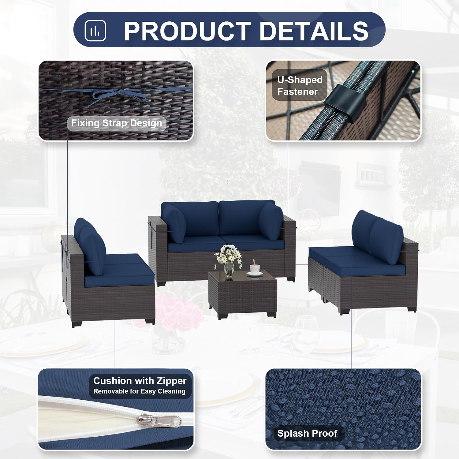 Kurapika 7 Pieces Patio Furniture Set, Rattan Wicker Outdoor Conversation Sets w/4 Inch Cushion and Glass Coffee Table(Navy Blue)