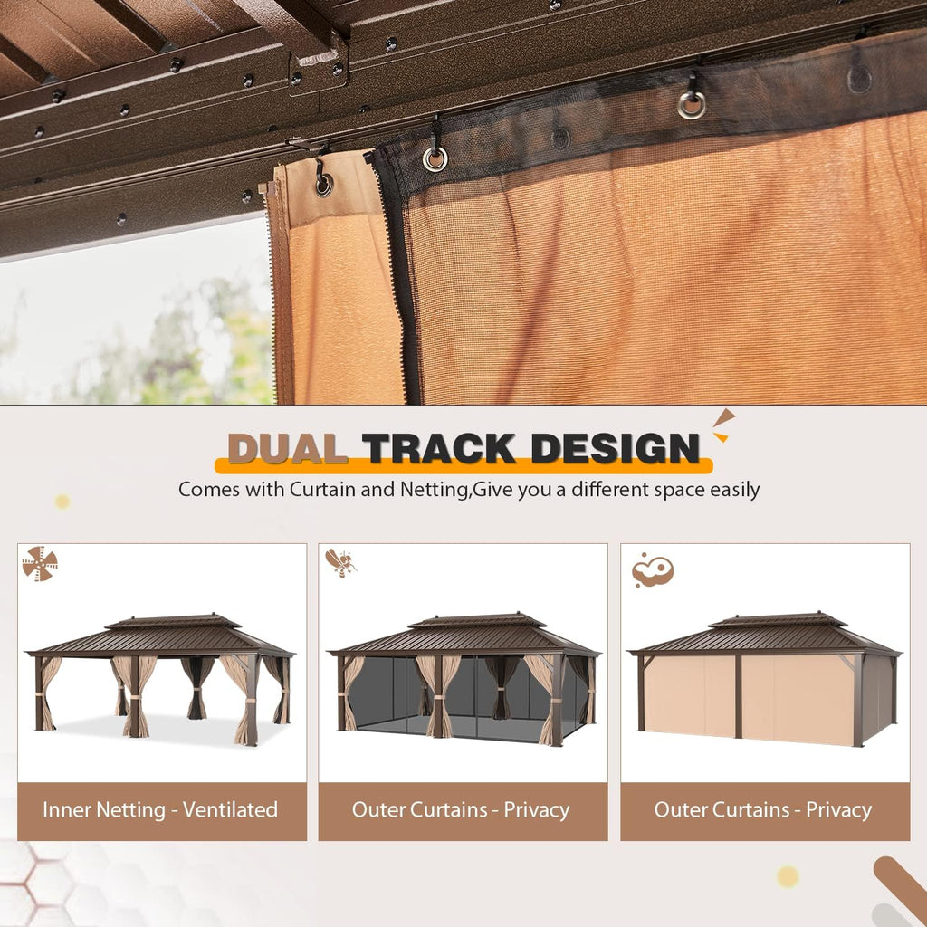EROMMY 12' x 20' Gazebo Hardtop Double Roof Galvanized Steel Canopy with Netting and Curtains Outdoor Aluminum Frame Permanent Metal Pavilion for Patio Backyard Deck and Lawns