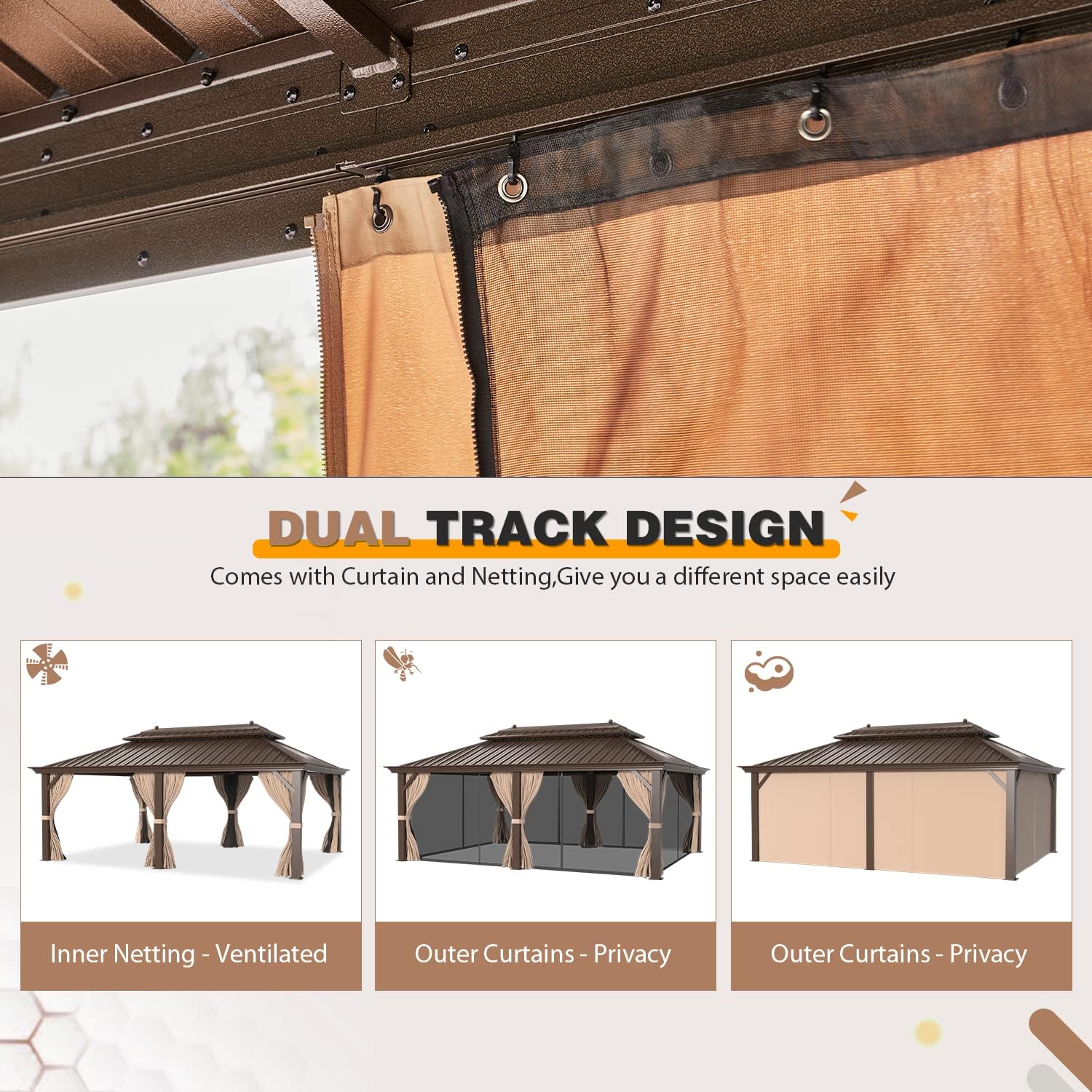 EROMMY 12' x 20' Gazebo Hardtop Double Roof Galvanized Steel Canopy with Netting and Curtains Outdoor Aluminum Frame Permanent Metal Pavilion for Patio Backyard Deck and Lawns