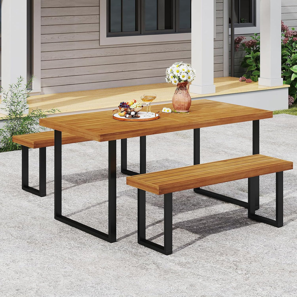 Tangkula 3 Pieces Patio Dining Table Set, 63' Rectangle Acacia Wood Table with Umbrella Hole and 2 Backless Bench with Metal Frame, Outdoor Dinette Furniture for Garden Yard