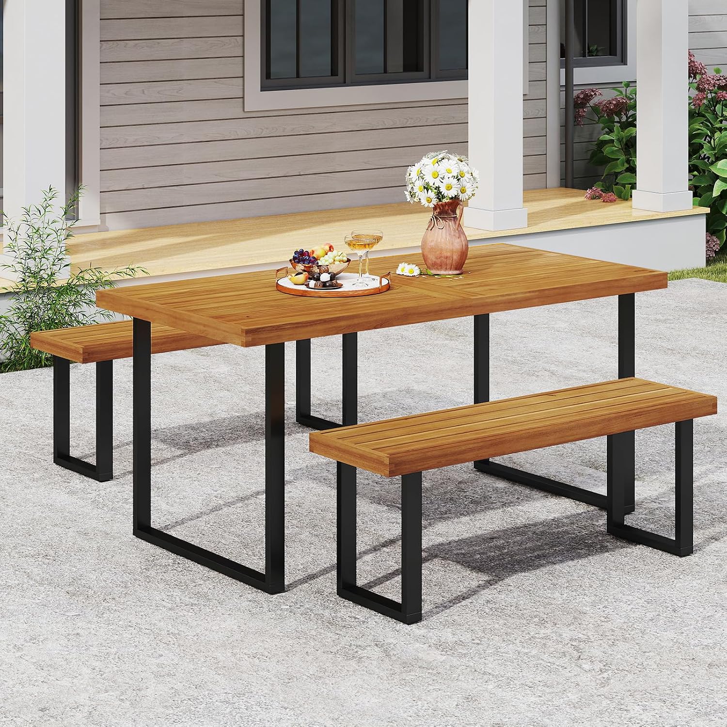 Tangkula 3 Pieces Patio Dining Table Set, 63' Rectangle Acacia Wood Table with Umbrella Hole and 2 Backless Bench with Metal Frame, Outdoor Dinette Furniture for Garden Yard