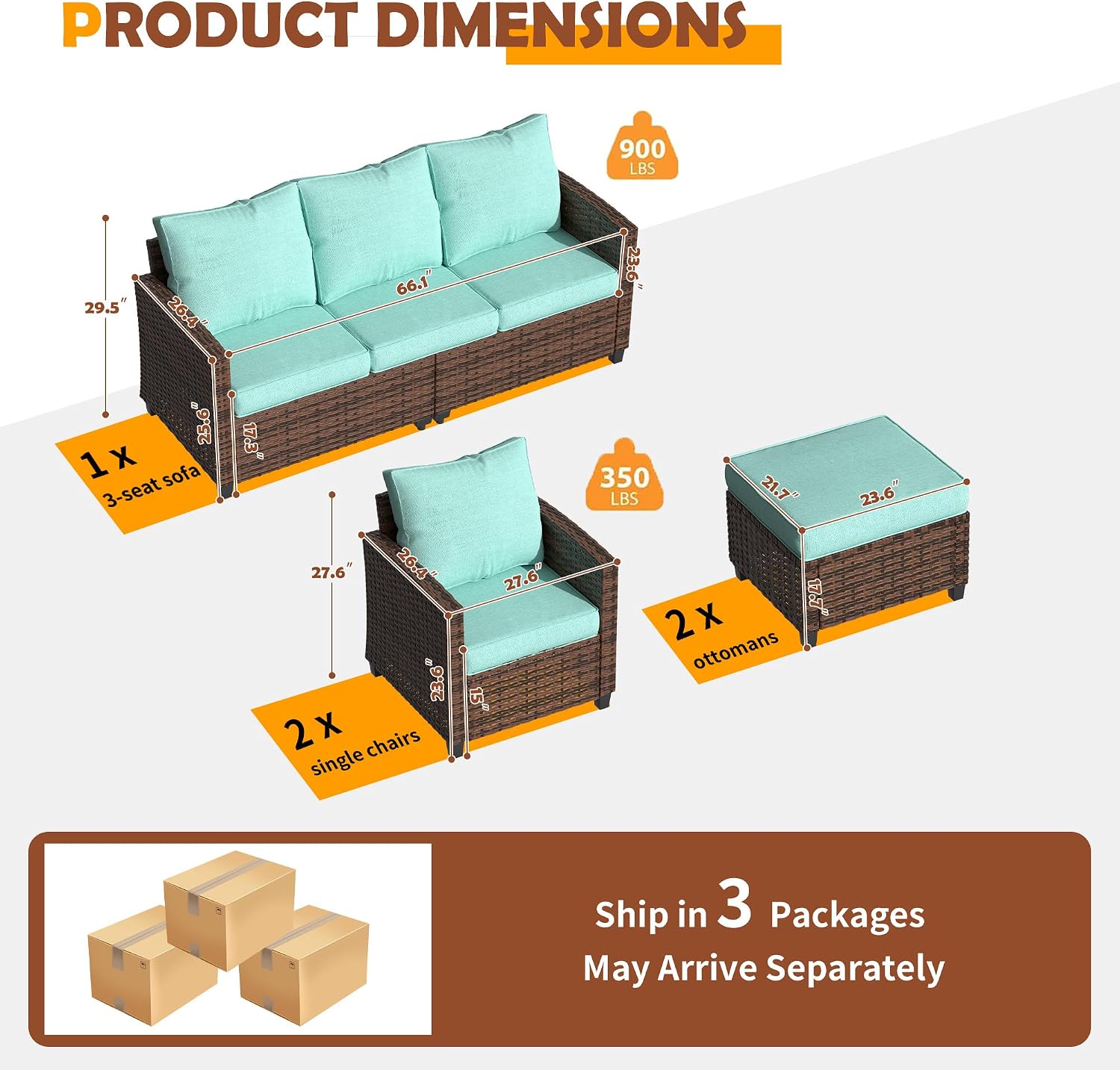 UDPATIO Patio Furniture Set, 5 Pieces Outdoor Sectional Sofa Set, All-Weather Wicker Rattan High Back Patio Conversation Set with Ottoman for Poolside, Backyard, 4' Thick Cushions, Light Blue