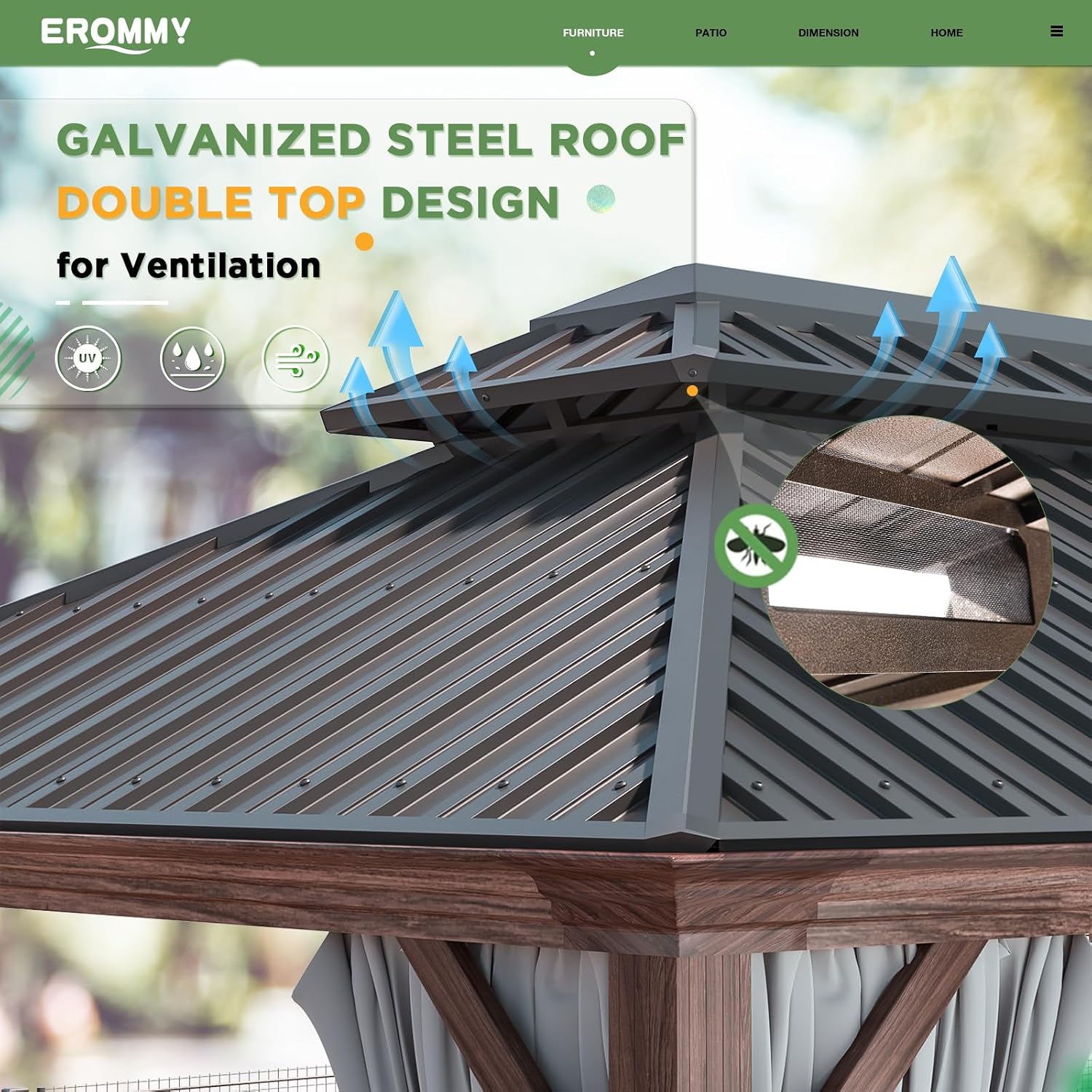 EROMMY 12'x20' Hardtop Gazebo, Galvanized Steel Double Roof with Wood Grain Aluminum Frame, Outdoor Permanent Metal Pavilion with Curtains and Nettings for Patio, Garden and Backyard