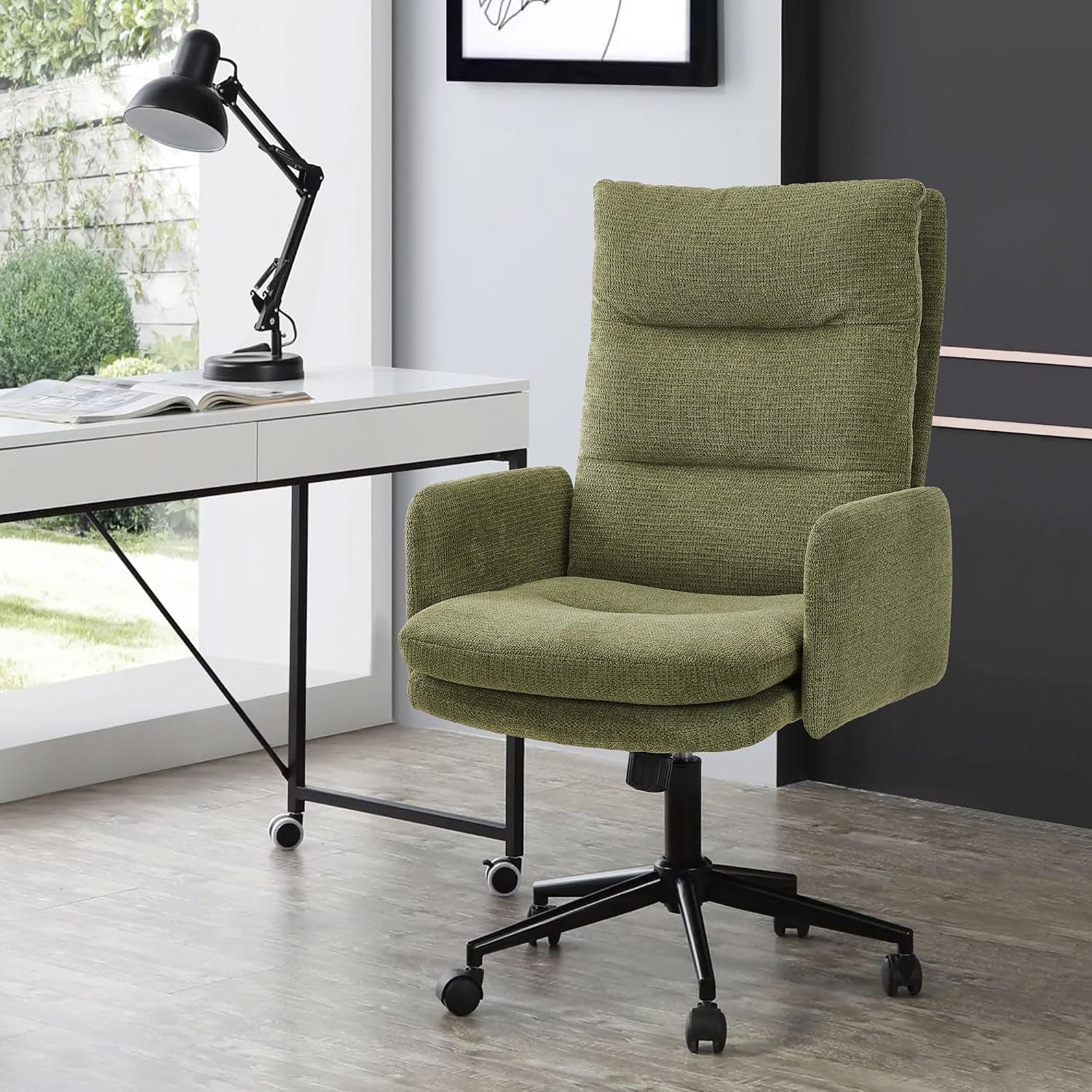 IWMH High-Back Home Office Chair,Upholstered Desk Chair with Armrests,Height Adjustable Armchair with Wheels, Swivel Office Desk Chair, Ergonomic Computer Task Chair, Leisure Armchair Cashmere (Green)