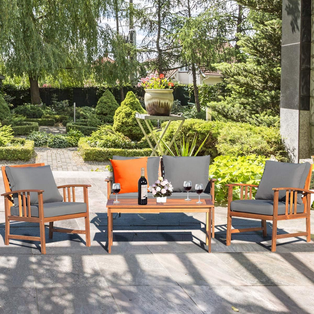 Tangkula 4 Pieces Acacia Wood Patio Furniture Set, Outdoor Seating Chat Set with Gray Cushions & Back Pillow, Conversation Set with Coffee Table, Ideal for Garden, Backyard, Poolside