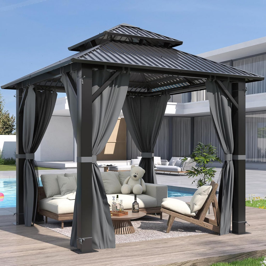 GARTOO 8.5x8.5FT Outdoor Hardtop Gazebo with Double Roof - Aluminum Heavy-Duty Steel Top Gazebo with Breathable Netting & Privacy Curtain for Patio, Porch, Garden, Lawn, Deck, Backyard