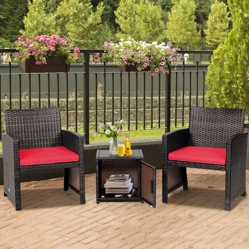 Tangkula 3 Pieces Outdoor Wicker Conversation Set with Waterproof Cover, 2 Patio PE Rattan Cushioned Chairs with Side Storage Table, Suitable for Front Porch, Balcony, Garden, Poolside and Yard (Red)