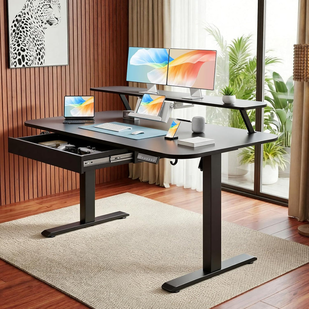 GTPLAYER Electric Standing Desk with Drawers, 48 x 24 Inches Height Adjustable Computer Desk with Monitor Stand, Laptop Stand, Home Office Sit Stand Up Desk with Memory Preset, Black