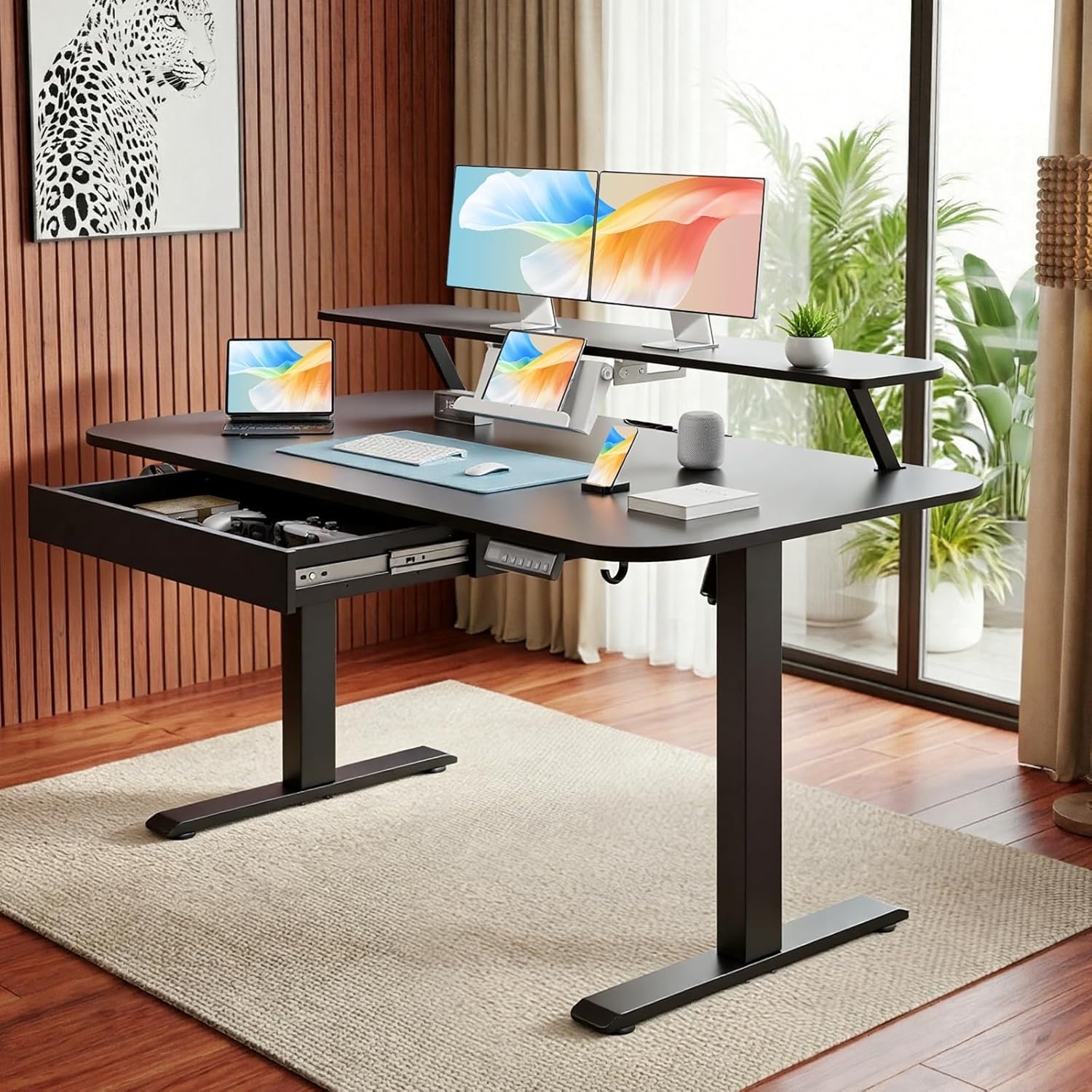 GTPLAYER Electric Standing Desk with Drawers, 48 x 24 Inches Height Adjustable Computer Desk with Monitor Stand, Laptop Stand, Home Office Sit Stand Up Desk with Memory Preset, Black