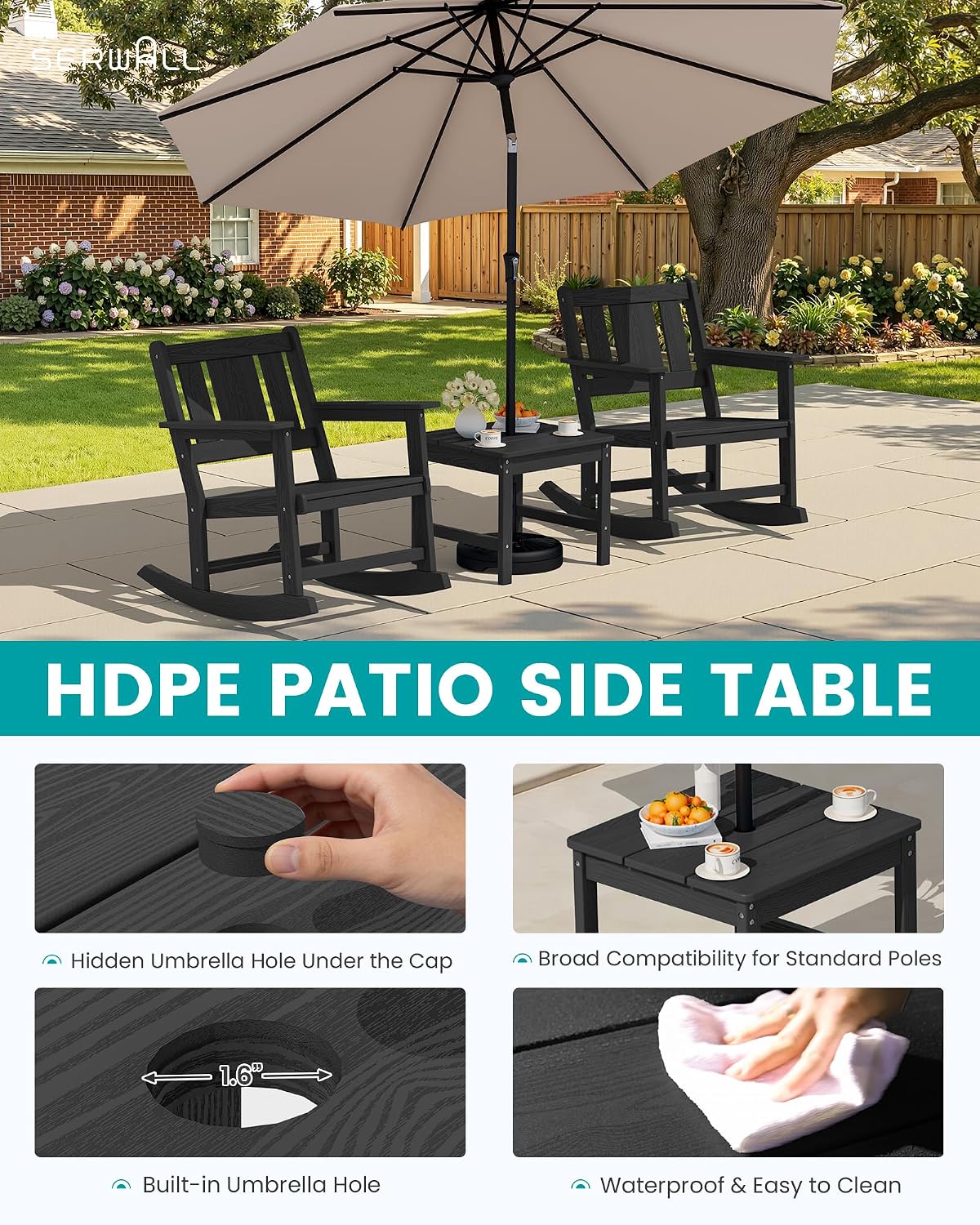 SERWALL Outdoor Rocking Chair Set of 2 with Side Table, All-Weather HDPE 3 Piece Patio Furniture Set, Outdoor Bistro Set with Pre-Drilled Umbrella Hole for Porch Deck Lawn Balcony, Black