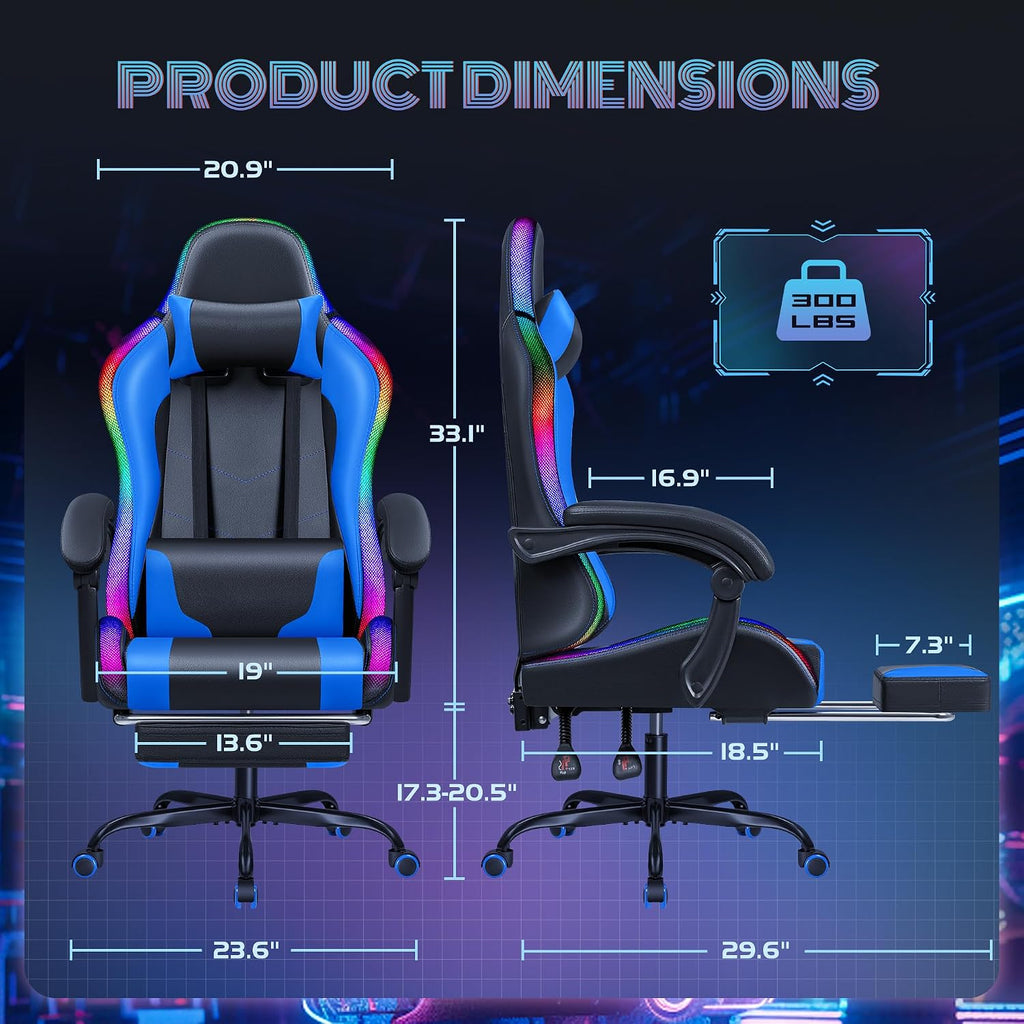 Furmax Gaming Chair with RGB LED Lights, Video Game Chair with Footrest and Massage Lumbar Support, High Back Reclining Computer Chair with Headrest, Swivel Seat Gamer Chair (LED Blue)