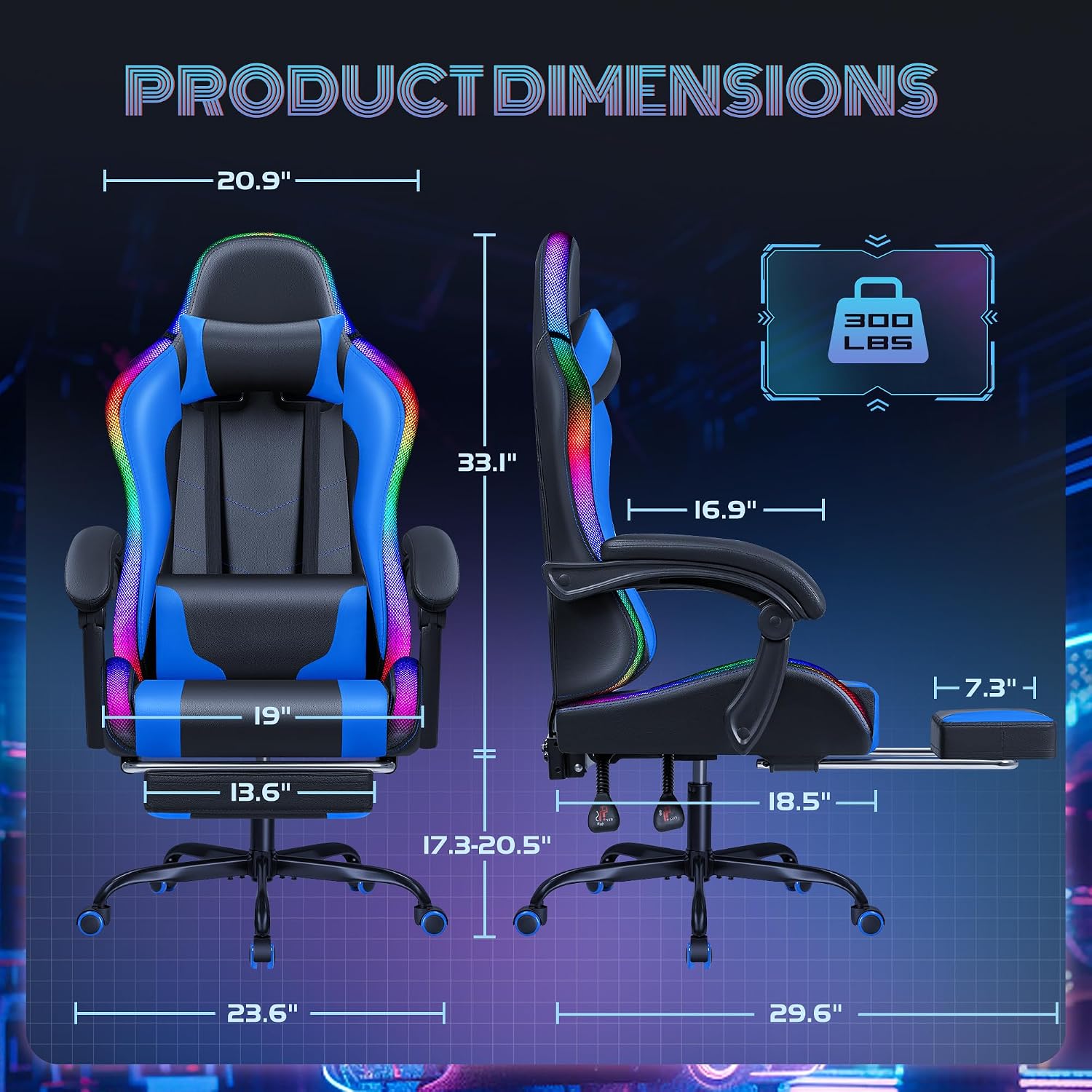 Furmax Gaming Chair with RGB LED Lights, Video Game Chair with Footrest and Massage Lumbar Support, High Back Reclining Computer Chair with Headrest, Swivel Seat Gamer Chair (LED Blue)