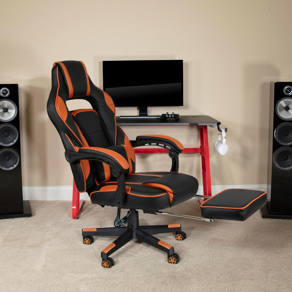 EMMA + OLIVER Black/Orange Ergonomic Gaming Chair -Recline Back/Arms, Footrest, Massaging Lumbar