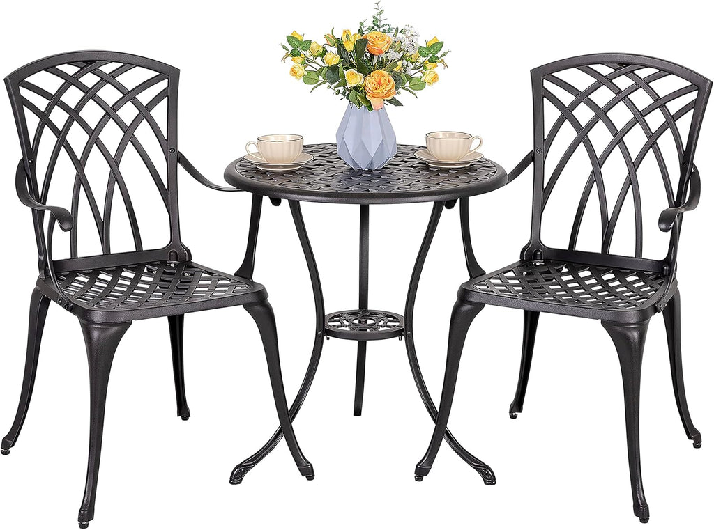 NUU GARDEN 3 Piece Patio Bistro Set, Cast Aluminum Patio Bistro Table and Chairs Set of 2 with Umbrella Hole, Outdoor Bistro Set for Patio or Backyard, Black