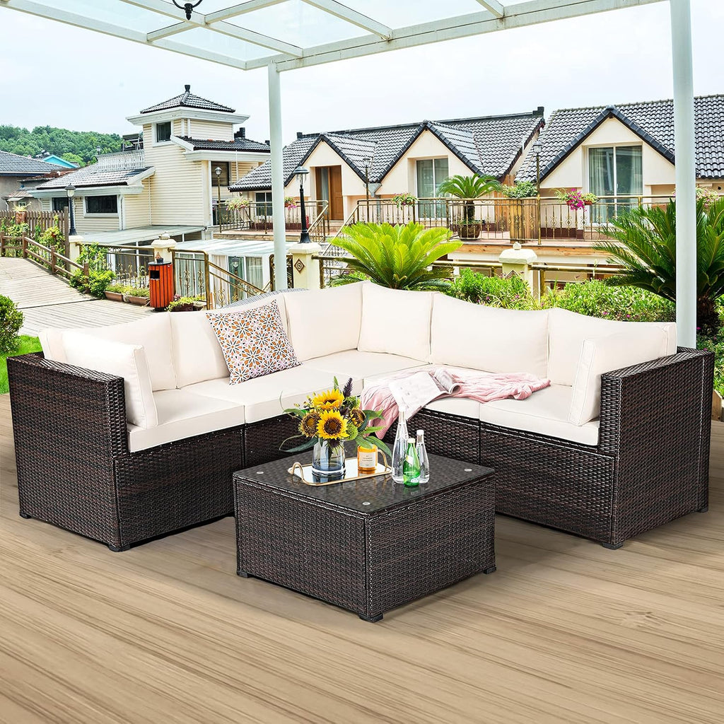 Tangkula 6 Pieces Patio Furniture Set, Outdoor Rattan Sofa Set, Wicker Conversation Set w/Tempered Glass Coffee Table & Cushions, Sectional Sofa Set for Backyard, Garden, Balcony, Poolside (Beige)