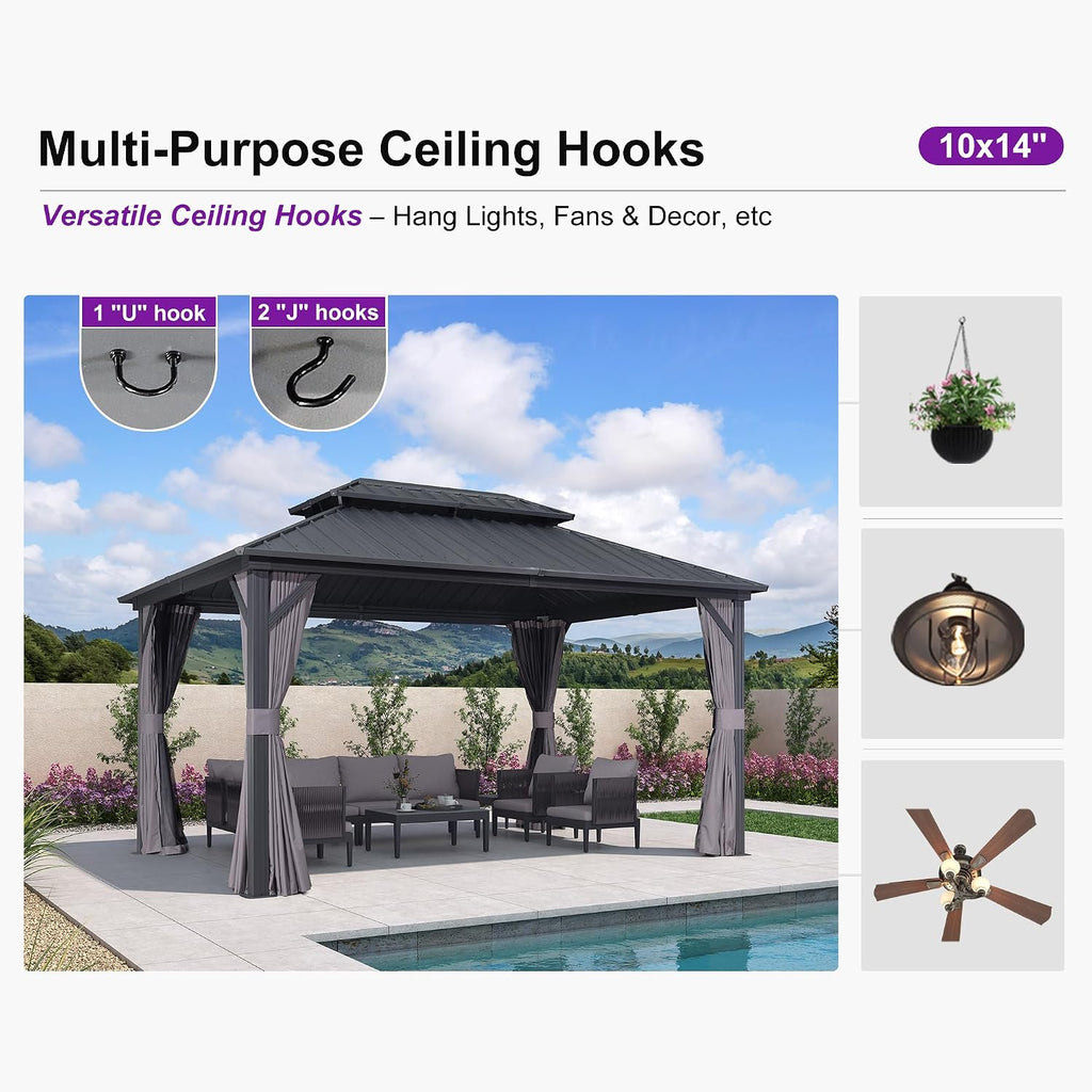 PURPLE LEAF 10' X 14' Outdoor Gazebo with Dual-Layer Galvanized Steel Double Roof for Patio Lawn Garden Aluminum Gazebo with Netting and Curtains Grey
