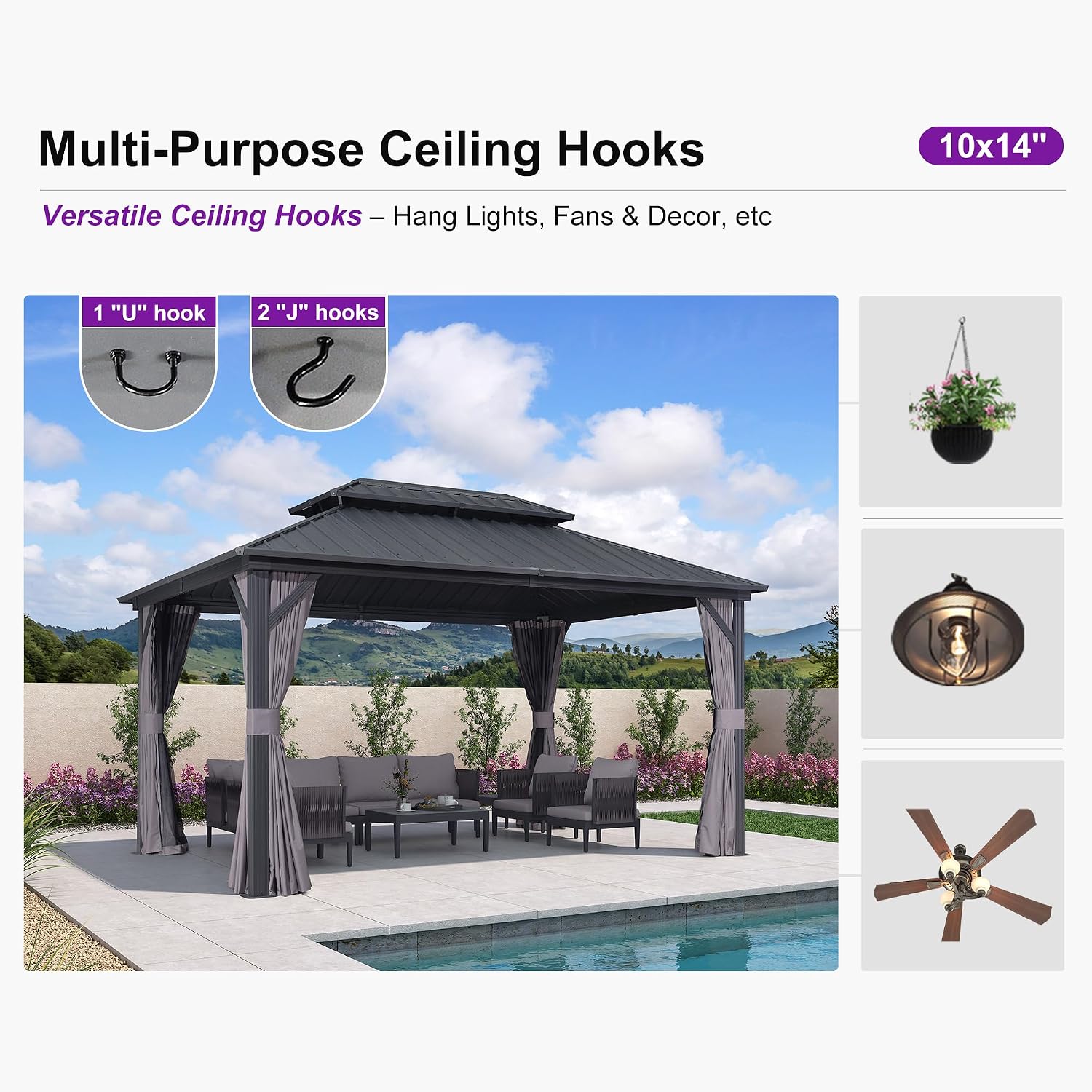 PURPLE LEAF 10' X 14' Outdoor Gazebo with Dual-Layer Galvanized Steel Double Roof for Patio Lawn Garden Aluminum Gazebo with Netting and Curtains Grey
