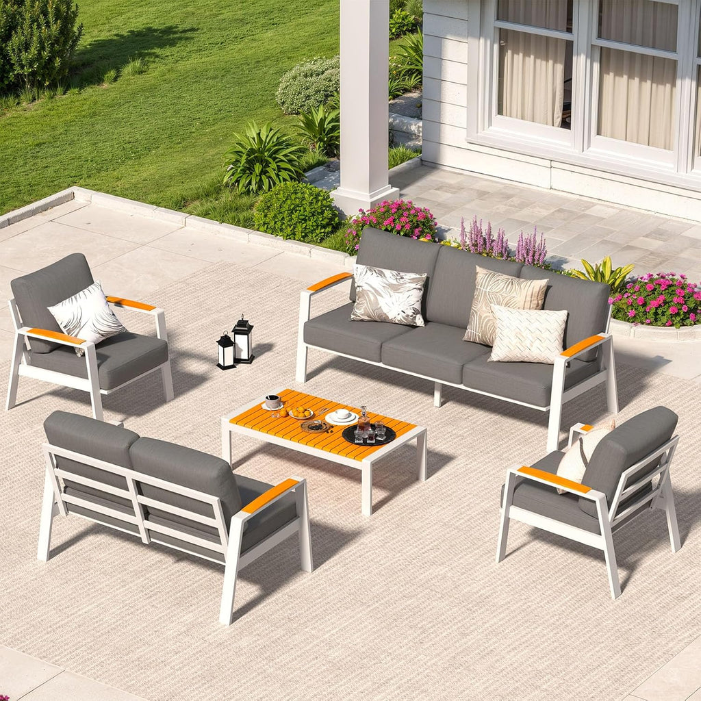 Aluminum Patio Furniture Set, 5 Piece Modern Outdoor Coversation Sets with Teak Coffee Table, Metal Sectional Sofa Couch for Porch, Balcony, Deck, Dark Gray
