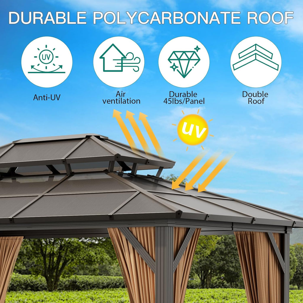 GAOMON 10x13ft Hardtop Gazebo, Outdoor Polycarbonate Double Roof Canopy, Aluminum Frame Permanent Pavilion with Curtains and Netting for Garden, Patio, Lawns (Brown)