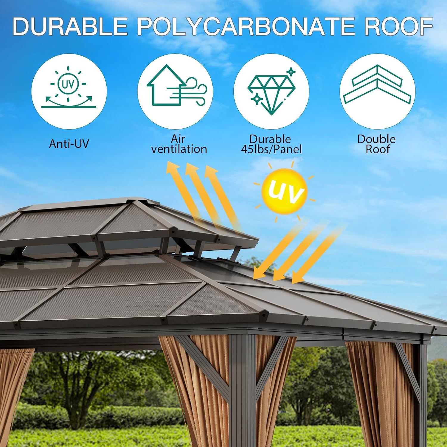 GAOMON 10x13ft Hardtop Gazebo, Outdoor Polycarbonate Double Roof Canopy, Aluminum Frame Permanent Pavilion with Curtains and Netting for Garden, Patio, Lawns (Brown)