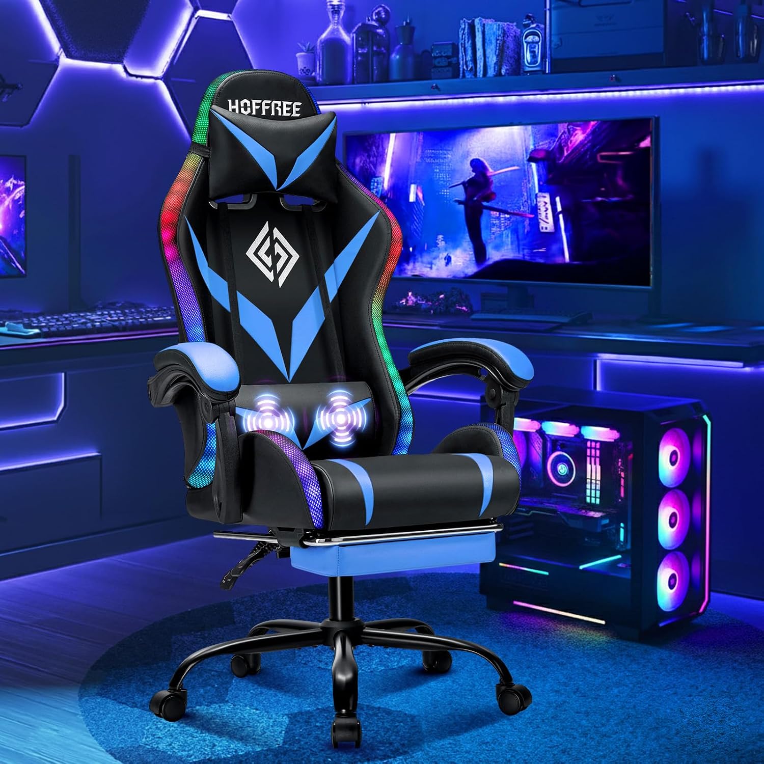 RGB Gaming Chair with Massage and LED Lights Ergonomic Video Game Chairs with Footrest High Back Reclining Computer Chair with Adjustable Lumbar Support Blue and Black