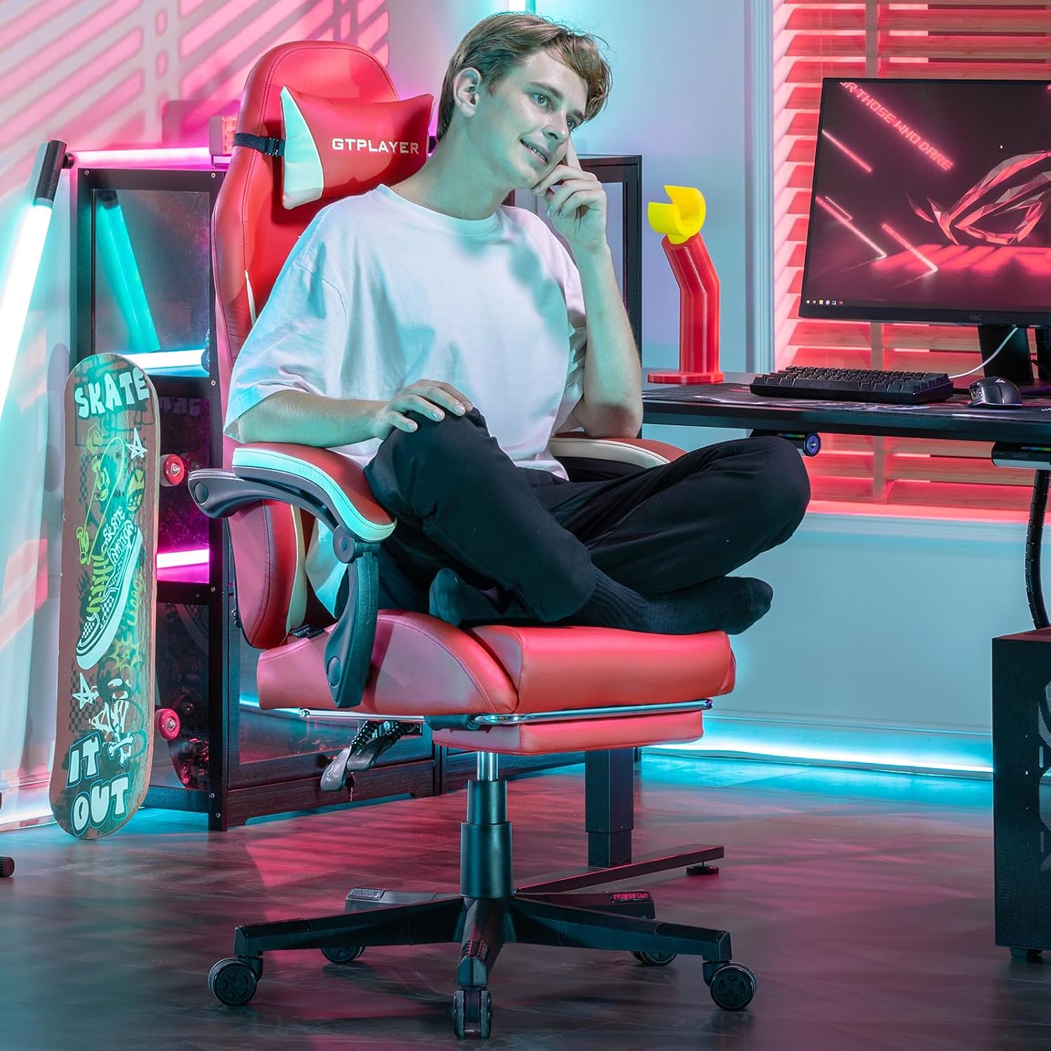 GTPLAYER Gaming Chair, Computer Office Chair Lumbar Support, Linkage Armrests and Footrest, Ergonomic Game Chair for Adults with Extended Backrest, Faux Leather, Red