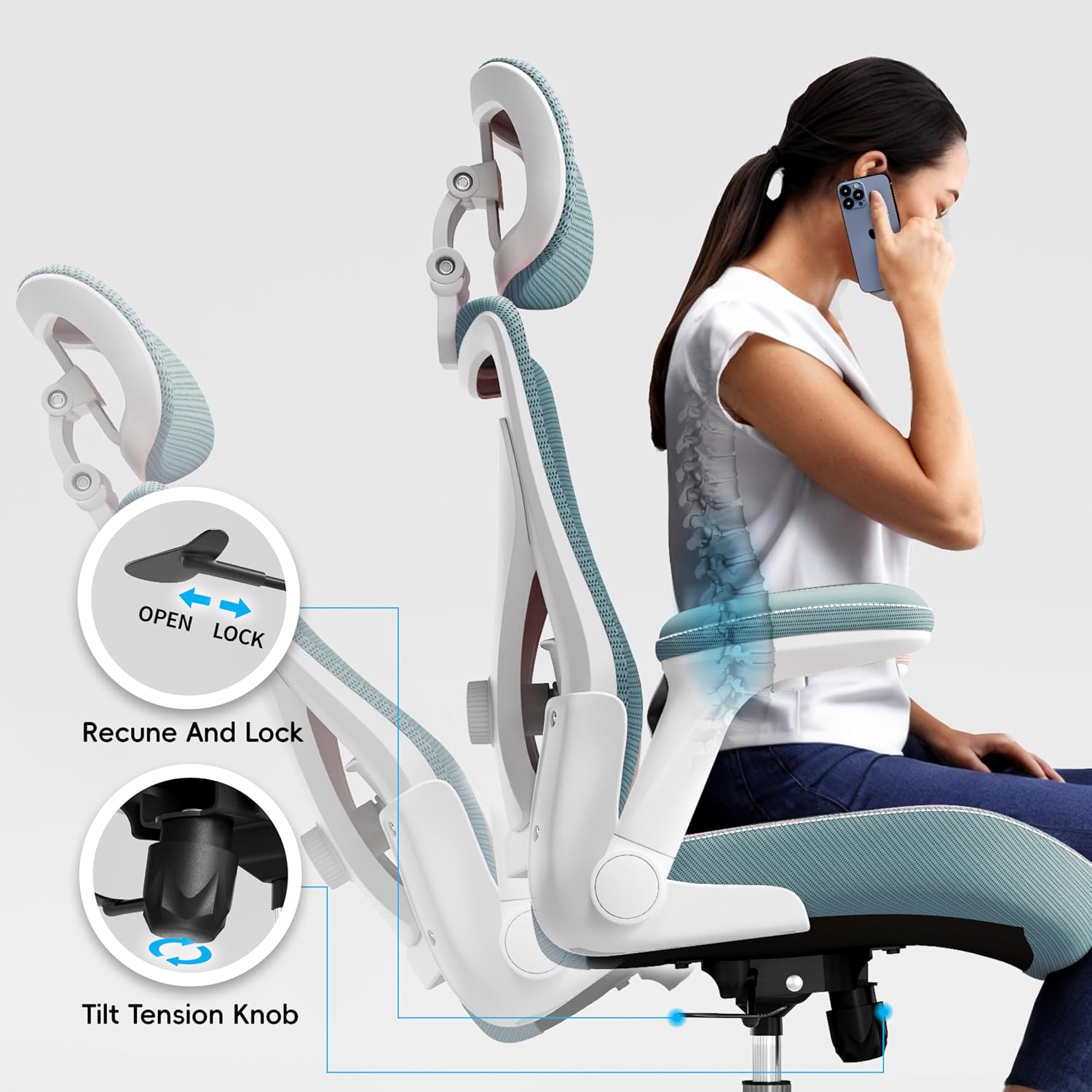 Ergalithic Office Home Ergonomic Desk Chair-Computer X-Shaped Chair Mesh PU Leather with Adjustable Lumbar Support-Executive Chair High Back with Headrest Flip-Up Arms for Long Hours (Sky Blue)