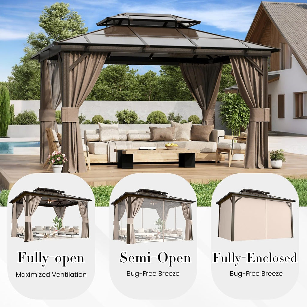 YOLENY 10'x13' Hardtop Gazebo, Outdoor Polycarbonate Double Roof Canopy, Aluminum Frame Permanent Pavilion with Curtains and Netting, Sunshade for Garden, Patio, Lawns