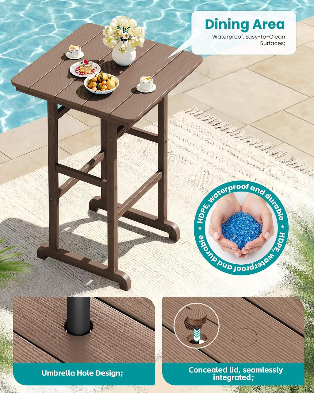 SERWALL 5 Pieces Adirondack Bar Chairs Set with Bar Table, HDPE Outdoor Barstool Set, Brown