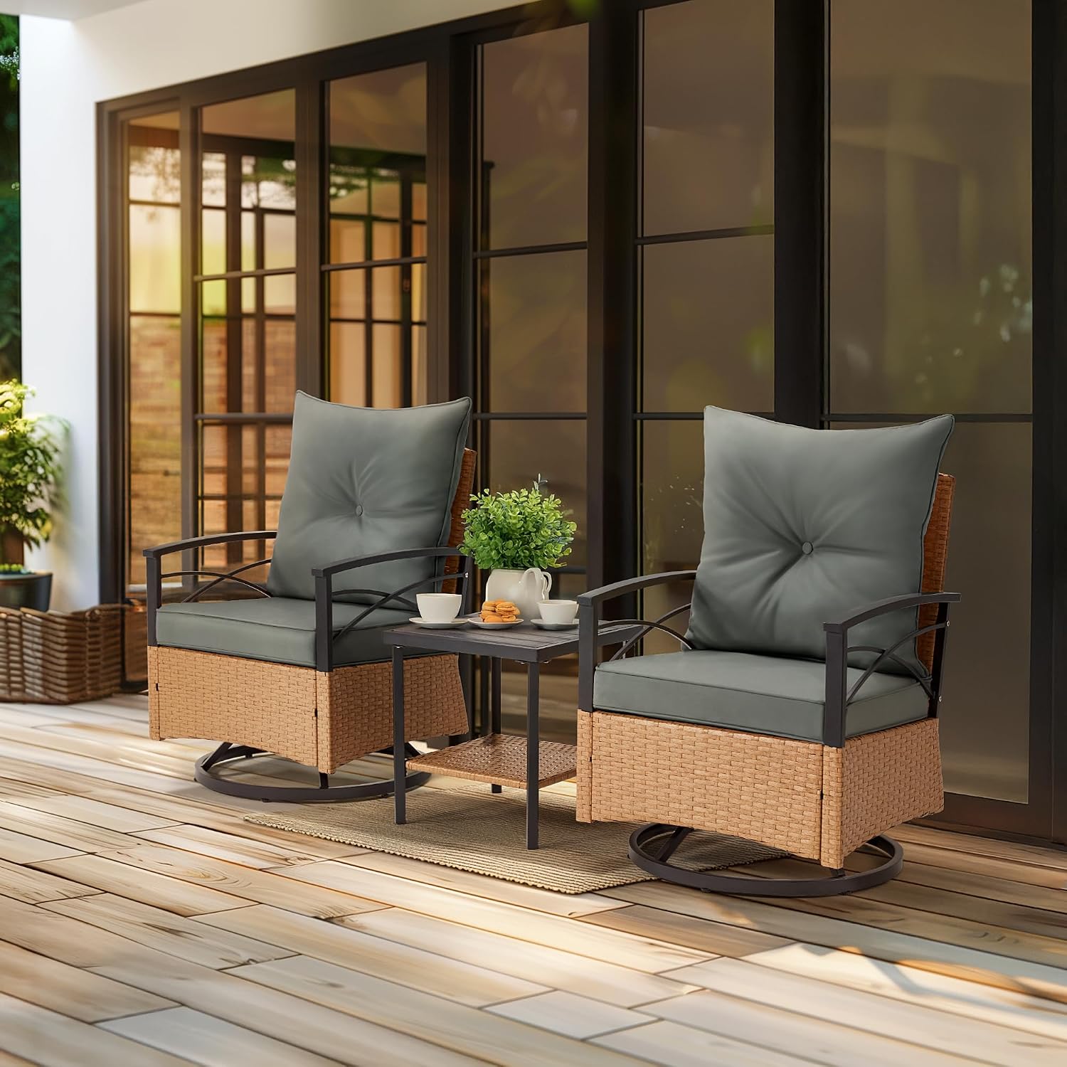 MELLCOM 3 Pieces Patio Furniture Set, Outdoor Swivel Patio Rocker Chairs with Thick Cushions and 2-Tier Coffee Table, Oversize Wicker Bistro Conversation Sets for Garden, Balcony, Backyard, Grey
