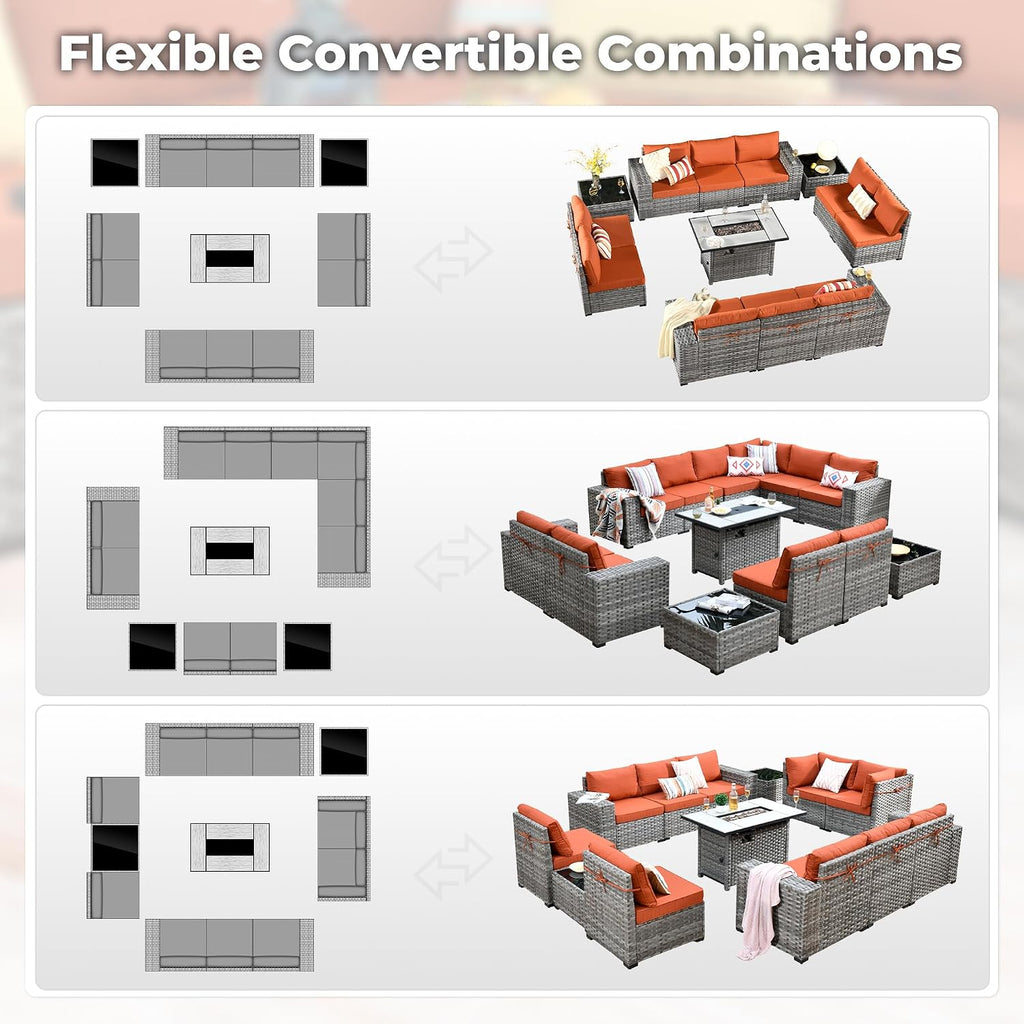 ovios 13 Pieces Patio Furniture Set, Outdoor Wicker Sectional Sofa with 42 Inch Fire Pit Table Comfy Cushions, Modern Modular Deep Seat Rattan Couch Conversation Set, Orange Red