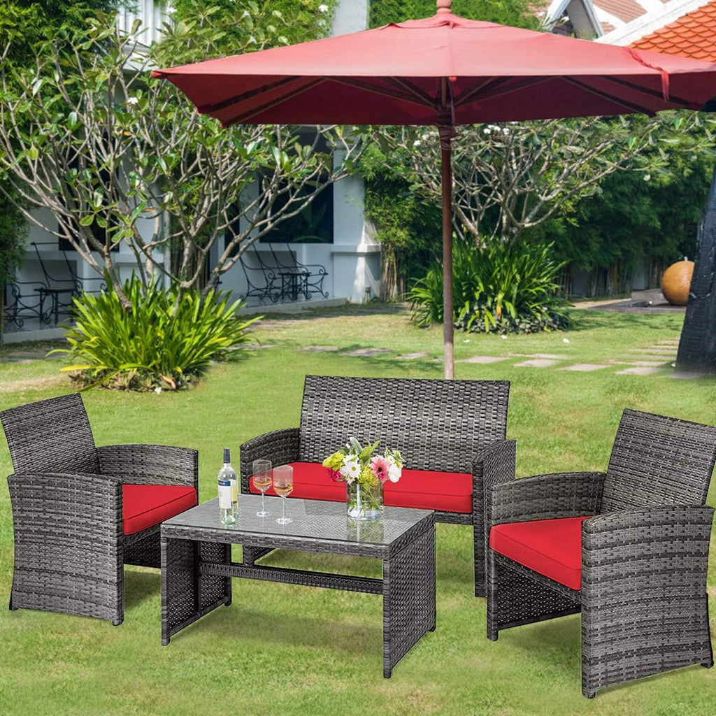 COSTWAY Patio Furniture Set 4 Pieces, Outdoor Wicker Chairs Sofa w/Coffee Table and Soft Cushions, Rattan Conversation Sets for Patio Lawn Backyard Yard Pool Garden, Red