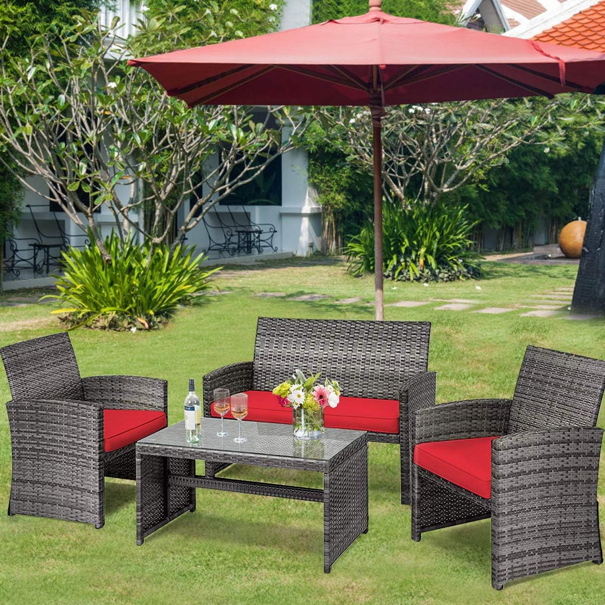 COSTWAY Patio Furniture Set 4 Pieces, Outdoor Wicker Chairs Sofa w/Coffee Table and Soft Cushions, Rattan Conversation Sets for Patio Lawn Backyard Yard Pool Garden, Red