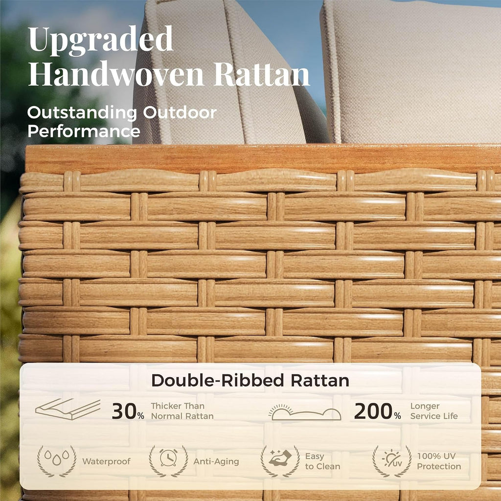 MIXPATIO Wicker Outdoor Patio Furniture Set 7 Pieces Patio Chaise Longue Conversation Set, Rattan U-Shaped Sofa Couch with Acacia Wood Coffee Table for Deck Porch and Garden
