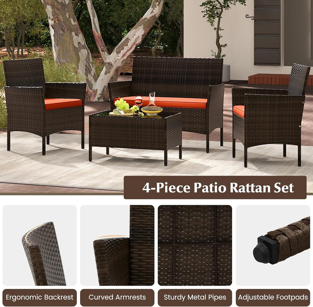 KOTEK 4 Piece Patio Furniture Set, Outdoor Rattan Conversation Set with Loveseat, Wicker Chairs, Tempered Glass Coffee Table, Wicker Patio Set for Backyard, Porch (Orange)