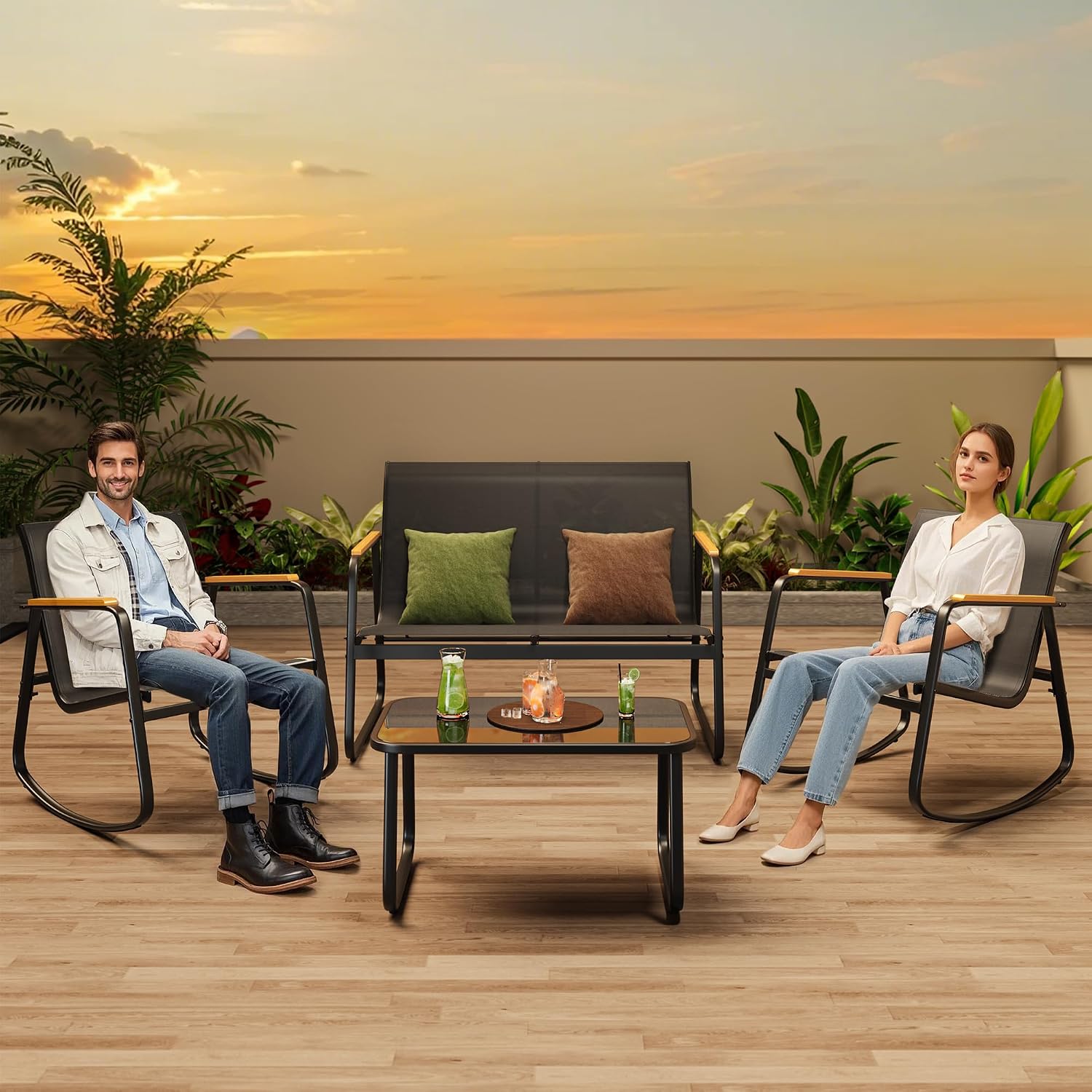Ahomly 4-Piece Patio Furniture Set, Textilene Outdoor Conversation Set with 2 Rocking Chairs and Tempered Glass Coffee Table, for Lawn, Garden, Balcony, Poolside (Black)