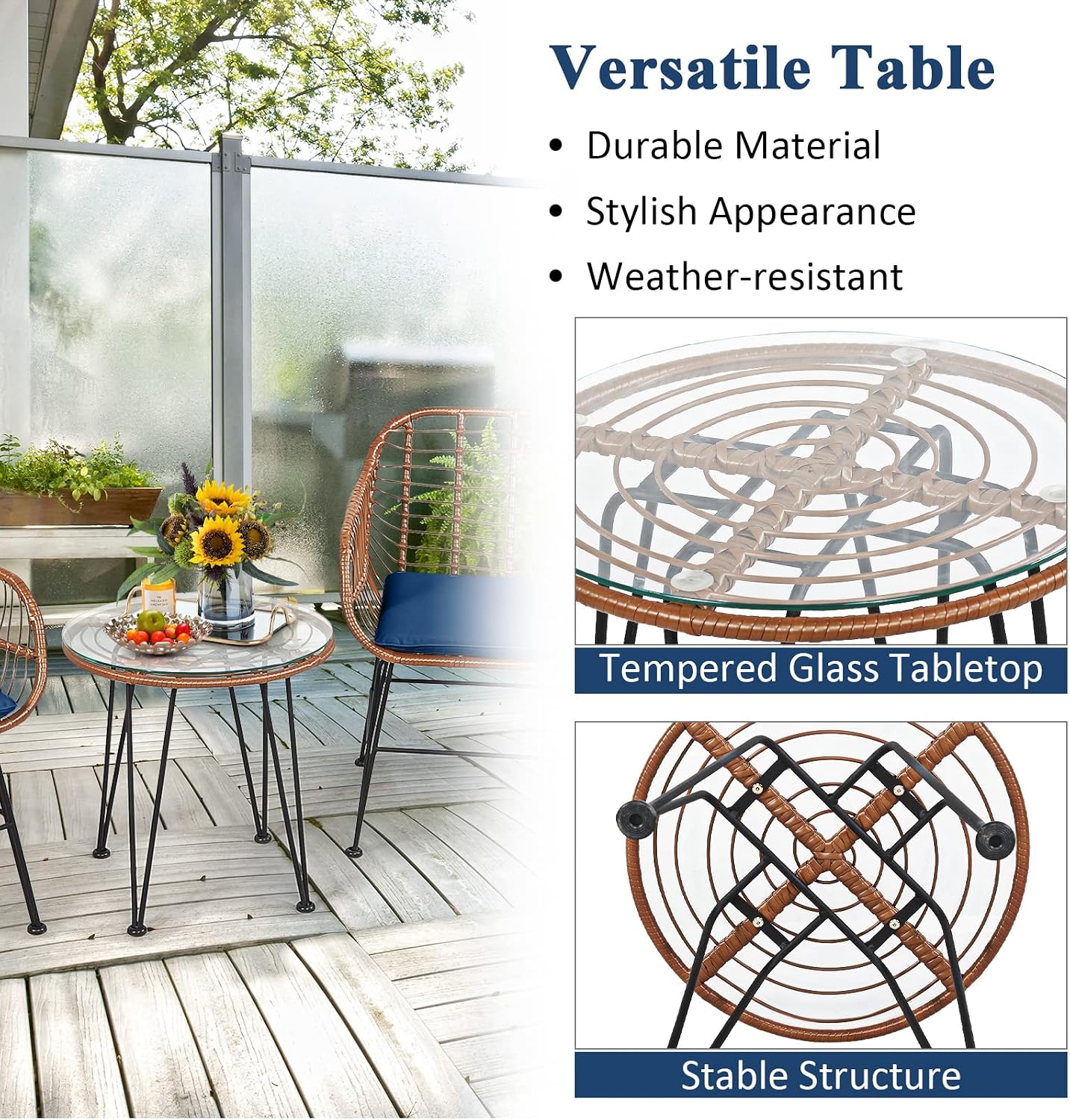 Tangkula 3 Pieces Patio Conversation Bistro Set, Outdoor Wicker Furniture w/Round Tempered Glass Top Table & 2 Rattan Armchairs, Bistro Chat Set w/Seat Cushions for Porch, Backyard, Garden